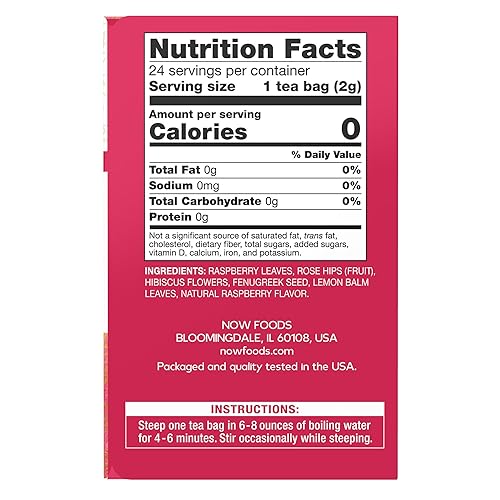 Miniatura 2 de NOW Foods, Té de frambuesa Righteous para mujer, ramo floral de hojas de frambuesa, hibisco y escaramujos, sin cafeína, bolsas de té sin blanquear