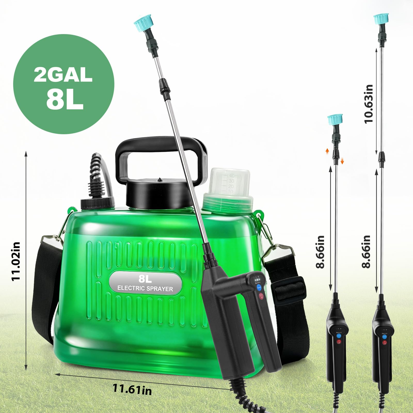 SideKing Akku Drucksprüher 8L, Sprühflasche Pflanzen mit 3-Stufen-Griff, 2X 2000mAh Akku & LED Anzeige, 4 Düsen & Teleskopstab – Gartenspritze & Unkrautspritze für Rasen, Terrasse & Pflanzenpflege