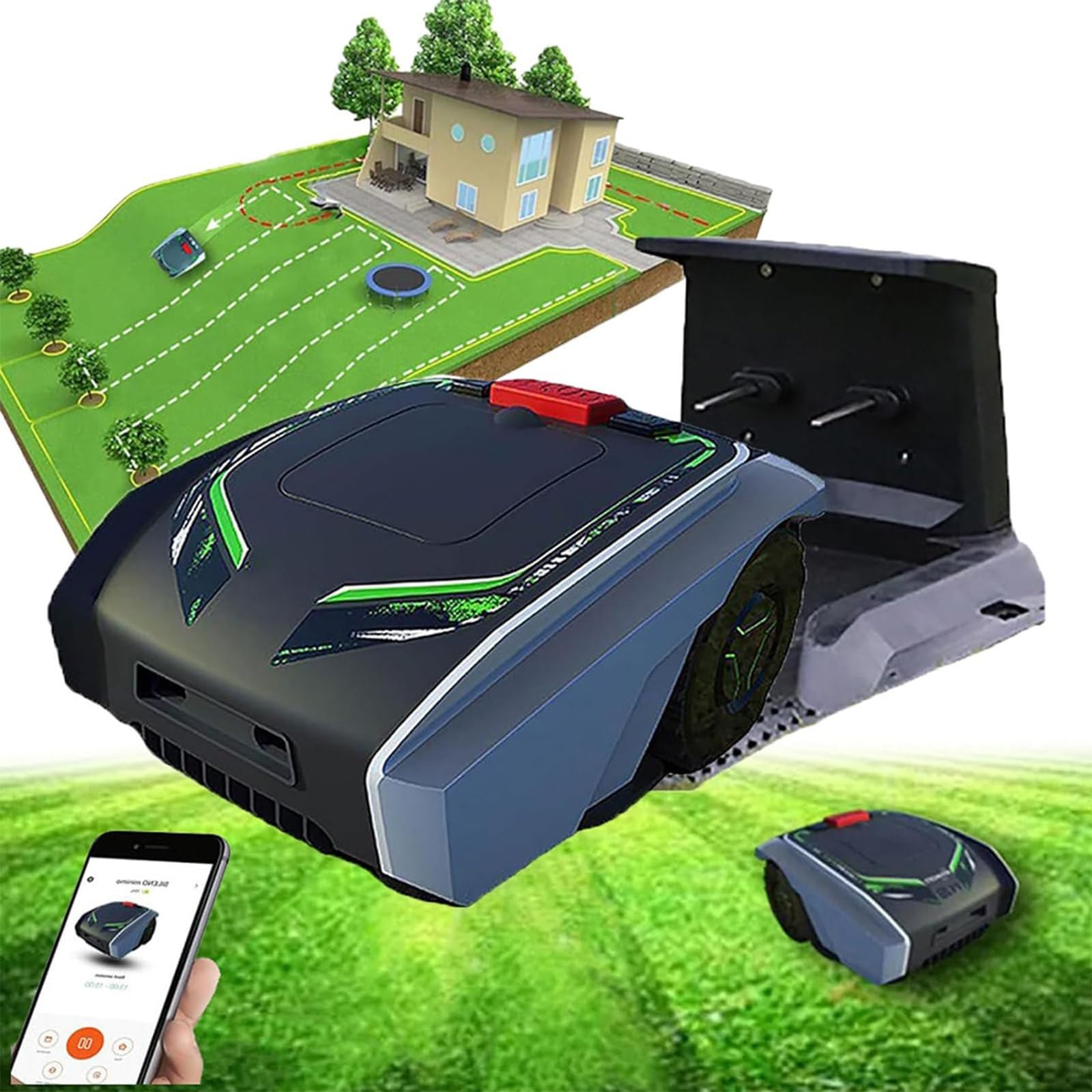 Cortacésped Totalmente automático, Robot cortacésped, Corta hasta 1500 m2, Corte ultrasilencioso, césped Bien Cuidado,Sensor de Lluvia y Cable delimitador