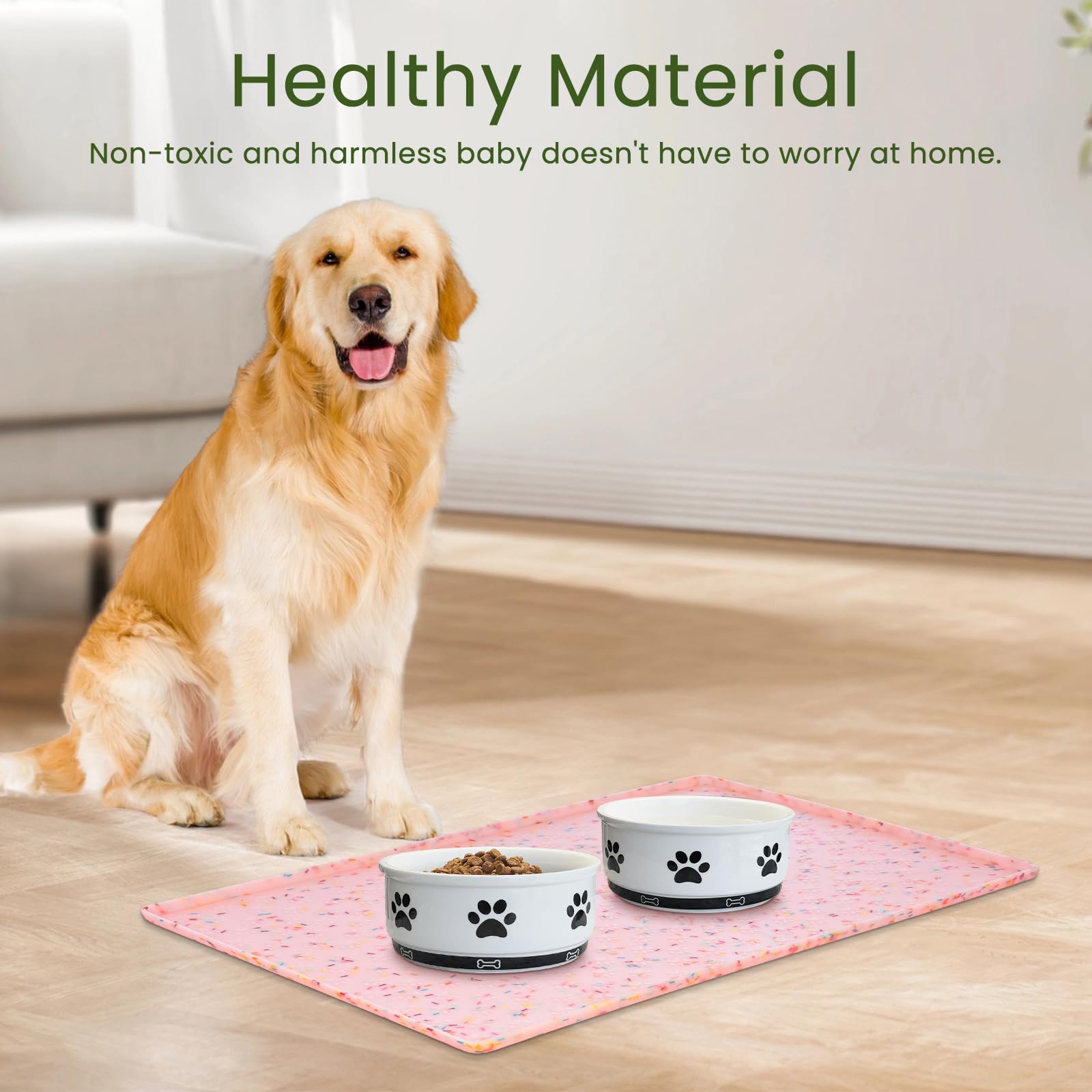 Ptlom Dog Food Mat Anti-Slip Dog Bowl Mats for Food and Water, Waterproof Pet Placemat Prevents Messy Spill to Floor, Silicone Puppy Feeding Tray for Small, Medium and Large Dogs Cats, Pink