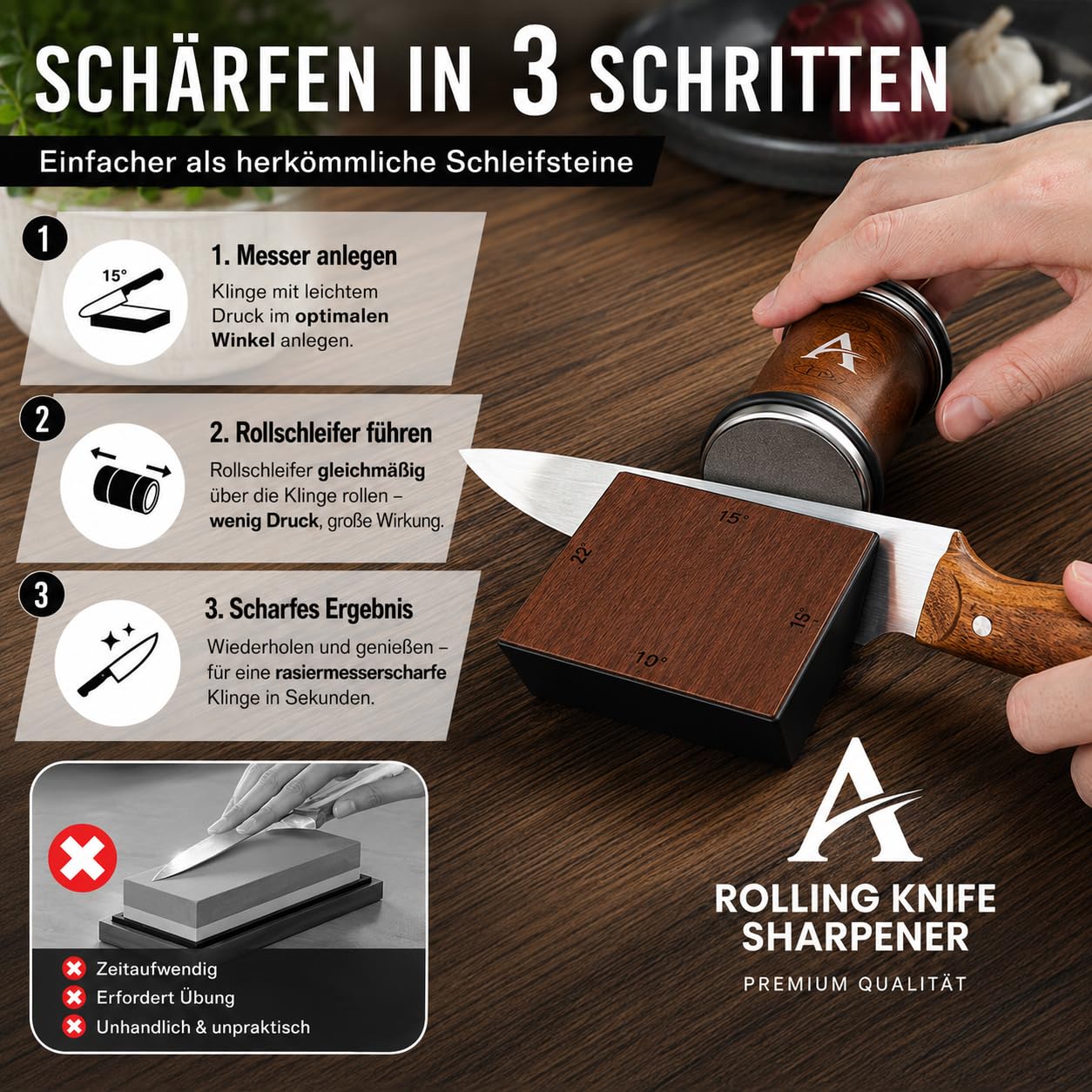 Pro Messerschärfer Bester, Mehrere Blickwinkel Magnetischer Rollschleifer Set - Messerschleifer mit Industriediamant, 15&18&20&22 Grad Schleifwinkel, Küchenmesserschärfer für Alle Stahlhärten