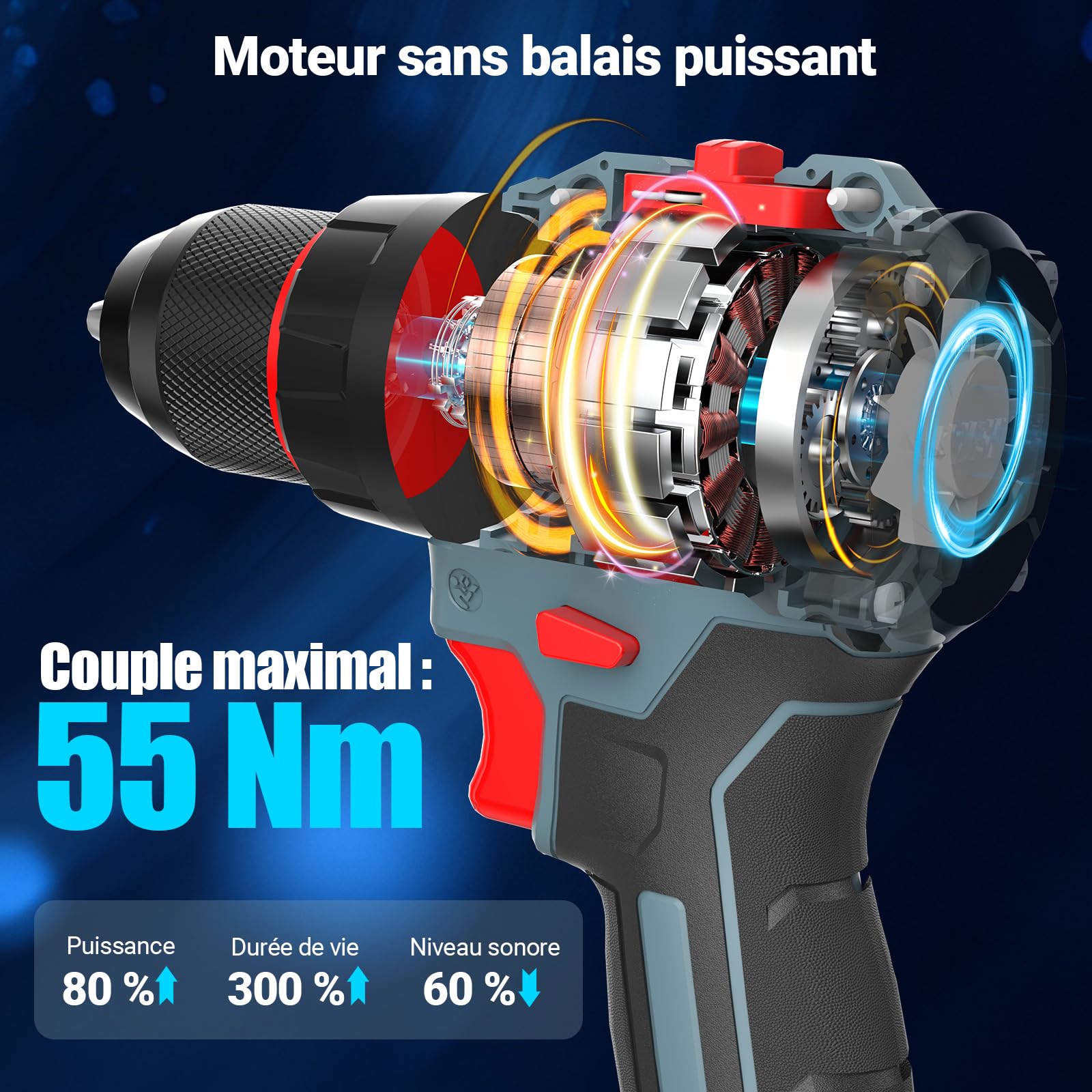 Brushless Trapano Avvitatore Batteria, 21V Trapano a Percussione, 55Nm Max con 2 Batterie 2.0Ah, 20+1Coppia,2 Velocità,LED Luce, Elettrico Avvitatore Ideale per forare e avvitare