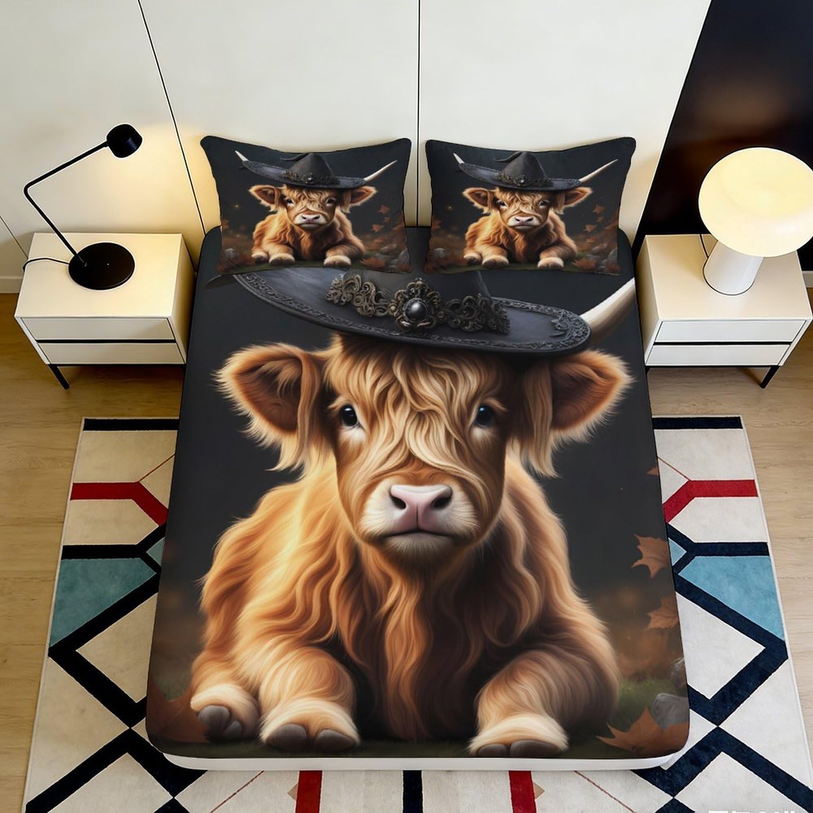 Wtorimpel Style-3 3D Printed Highland Cow Fitted Sheet Microfiber Deep Pocket Non-Slip Bedroom Bedding Highland Cow Mattress Fitted Cover For Adults 140X200x25cm