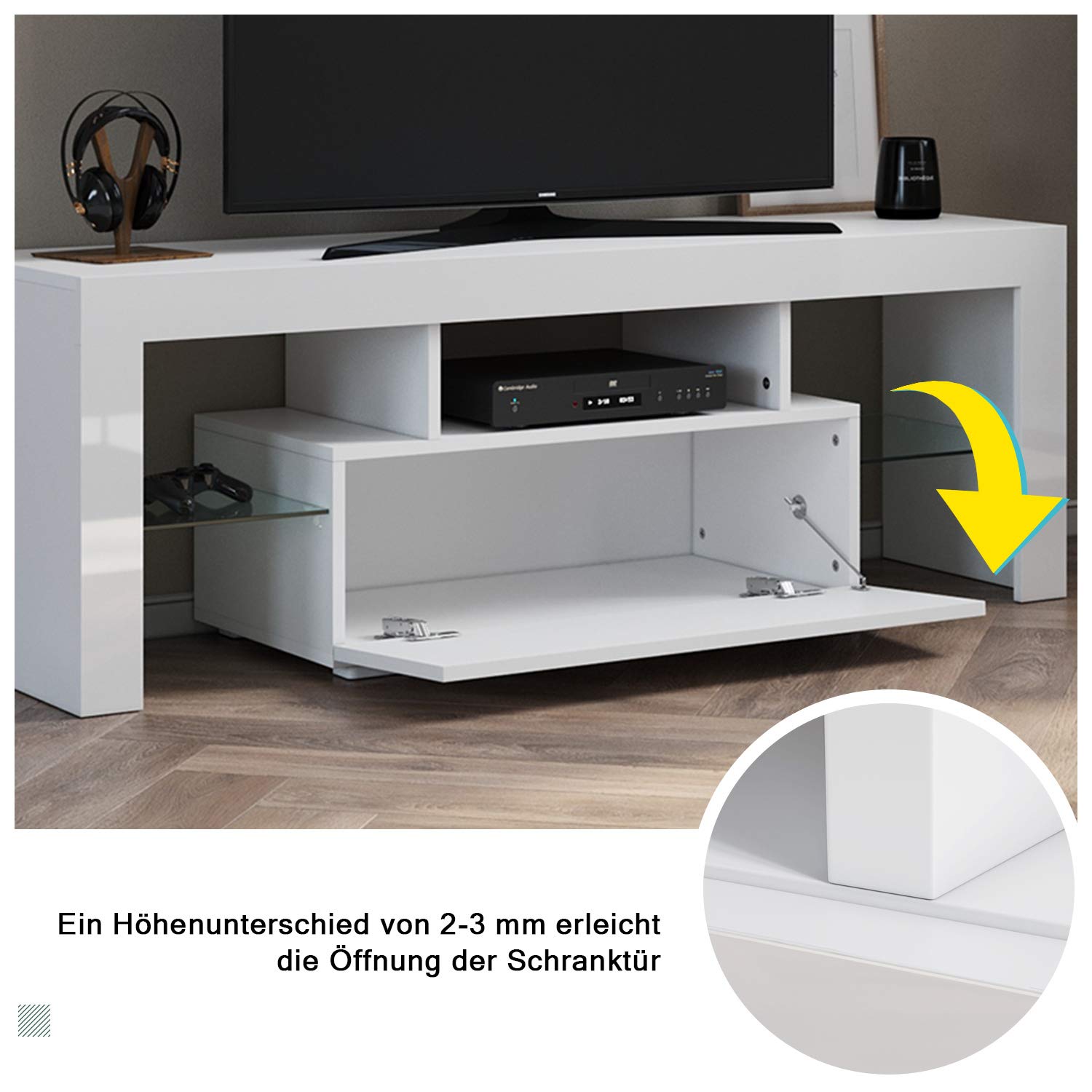 SONNI Meuble TV moderne de 160 cm, blanc brillant avec éclairage LED, tiroir, étagères en verre ouvertes, pour TV jusqu'à 65" salon et chambre à coucher, 160 x 35 x 45 cm