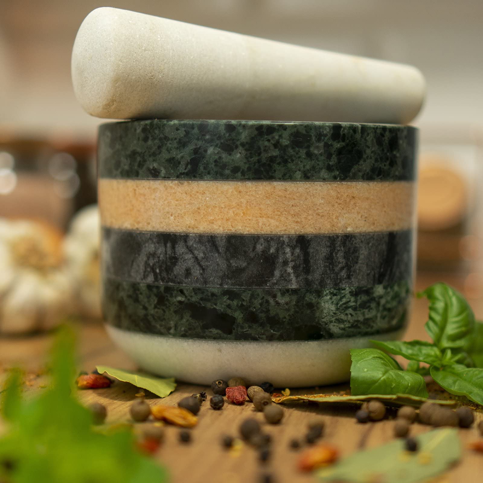 AlcoFermBrew Mortaio di granito e pestello – decorativo | malta di pietra | malta da cucina | malta con un battitore
