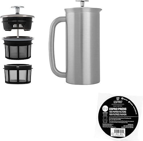 ESPRO P7 French Press - Cafetera y tetera aislada de acero inoxidable de doble pared, acero inoxidable cepillado, filtros de papel de café de 32