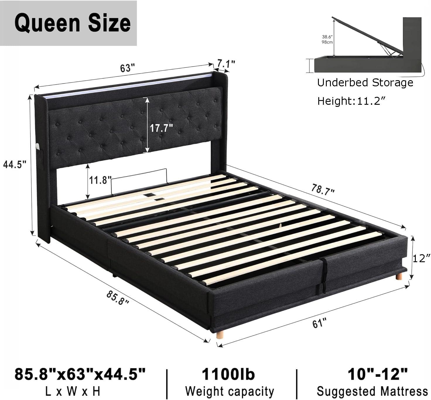 Lift Up Storage Bed Queen with Headboard and Storage, Black