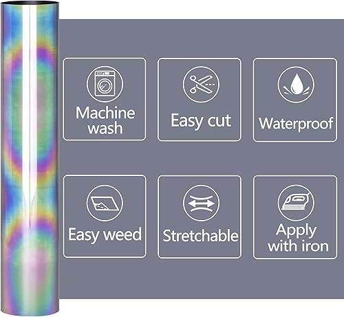 Miniatura 4 de RENLITONG - Rollo de vinilo reflectante de transferencia de calor arcoíris de 12 pulgadas x 5 pies, rollos para camisetas de bricolaje, vinilo