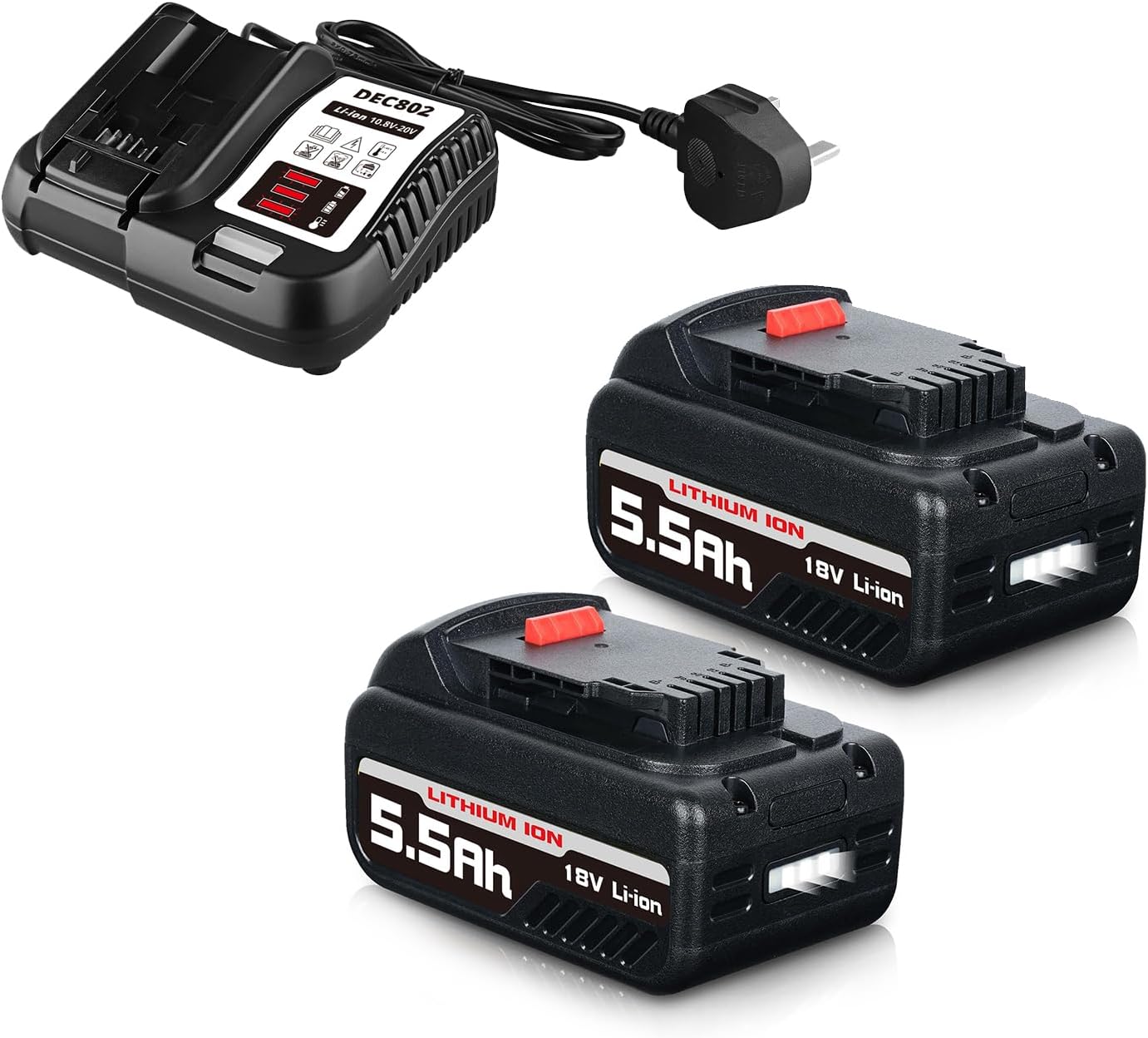 VANTTECH 2Packs DCB200 5.5Ah 18V Lithium ion Replacement Battery & DCB112 DEC802 2A Fast Charger Replacement for Dewalt 18V Battery DCB184 DCB182 DCB180 DCB181 DCB182 DCB201 DCB205 DCB203