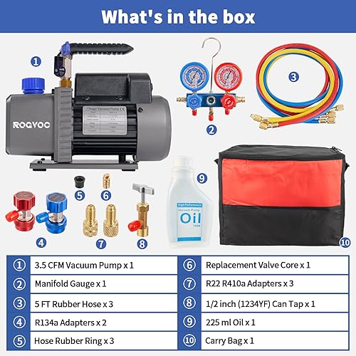 Miniatura 3 de Bomba de vacío de 3.5 CFM AC y manifold, 110 V 14 HP Bomba de vacío de aire de paleta giratoria de una sola etapa HVAC para R12, R22, R410a, R134a