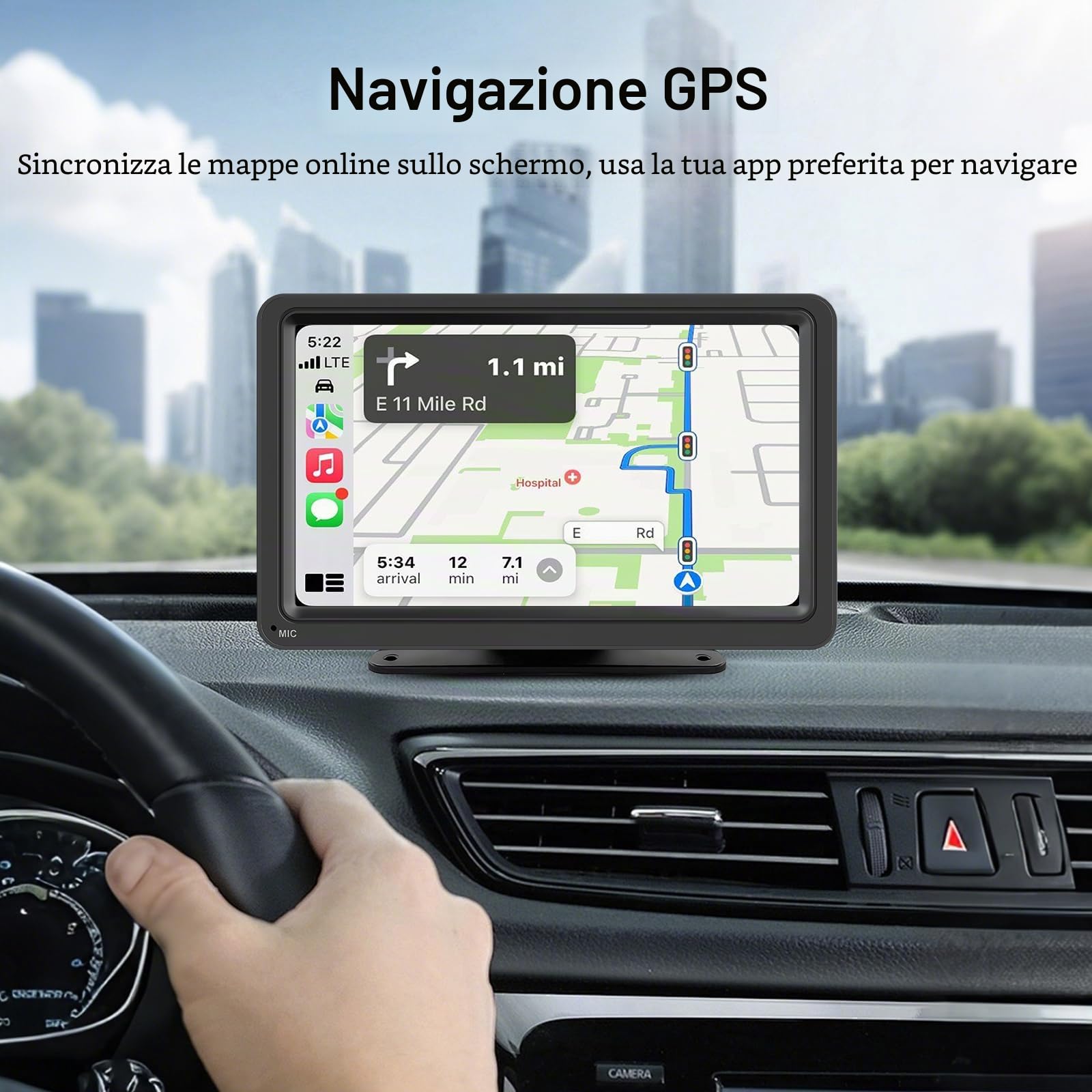 Display portatile CarPlay wireless 7" IPS per auto con Android Auto | Schermo touch IPS modalità giorno/notte Bluetooth trasmettitore FM AUX MirrorLink compatibile 12-24V e connessione