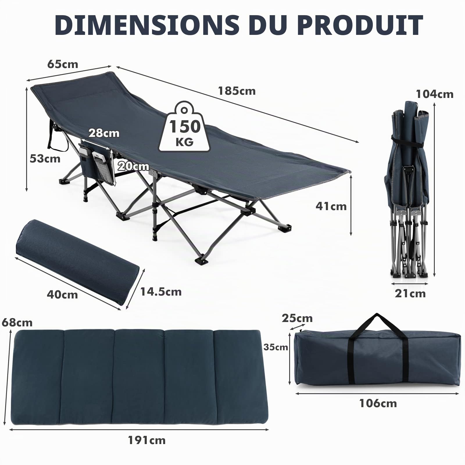 LIFEZEAL Lit de Camp Pliable avec Sac de Transport, Lit d'Extérieur Portable avec Matelas et Oreiller Amovibles, Lit de Plage Charge Max 150 KG, 191 x 68 CM