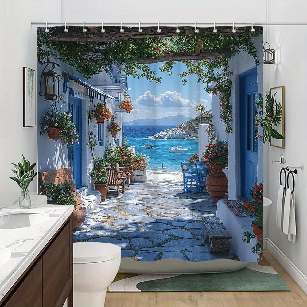 Rideau de douche imprimé fleurs et pots en terre cuite pour un voyage quotidien