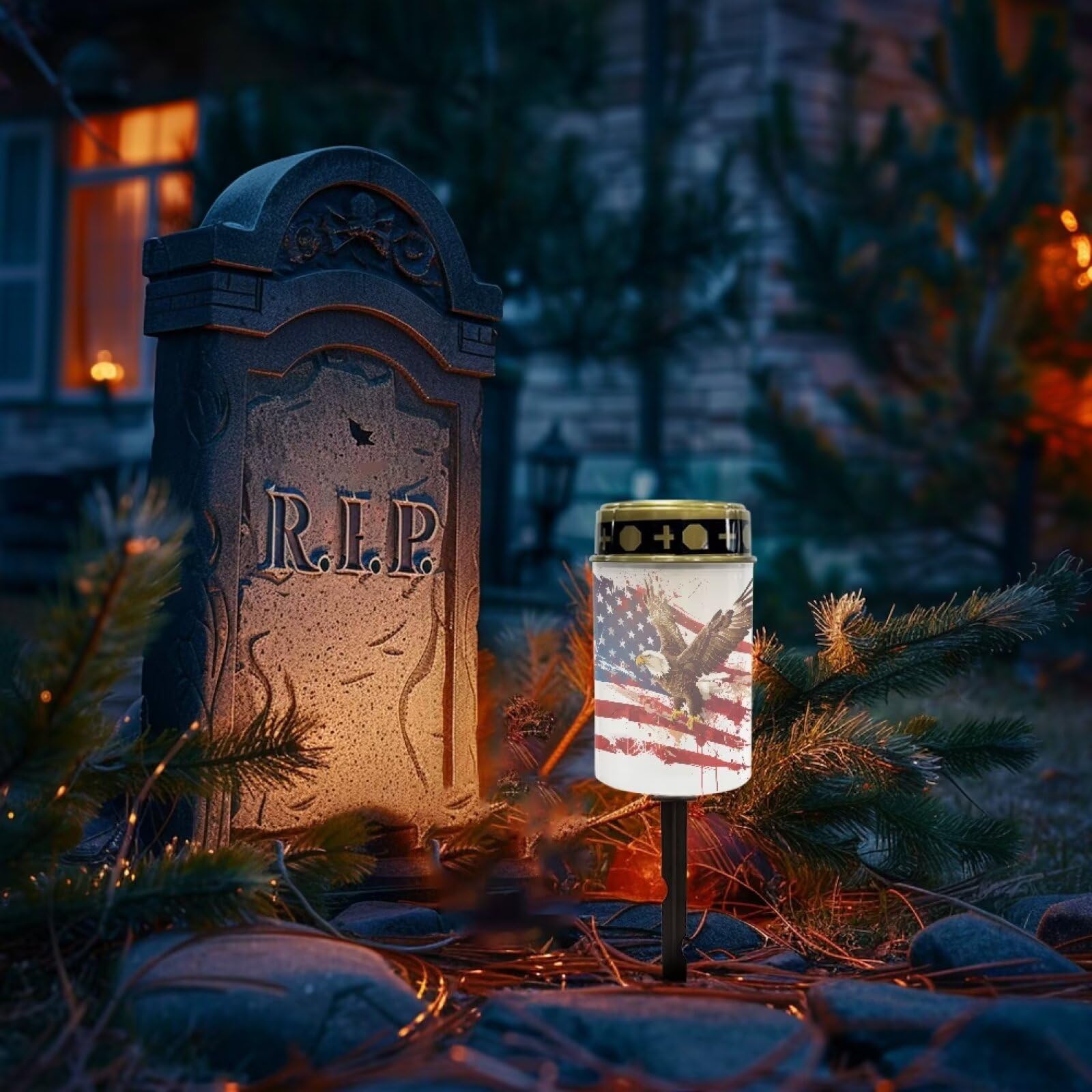 Vanideaoty American Flag Solar Lights Outdoor for Cemetery US Flag Cemetery Solar Lights with Eagle Grave Decorations Waterproof LED Lighting