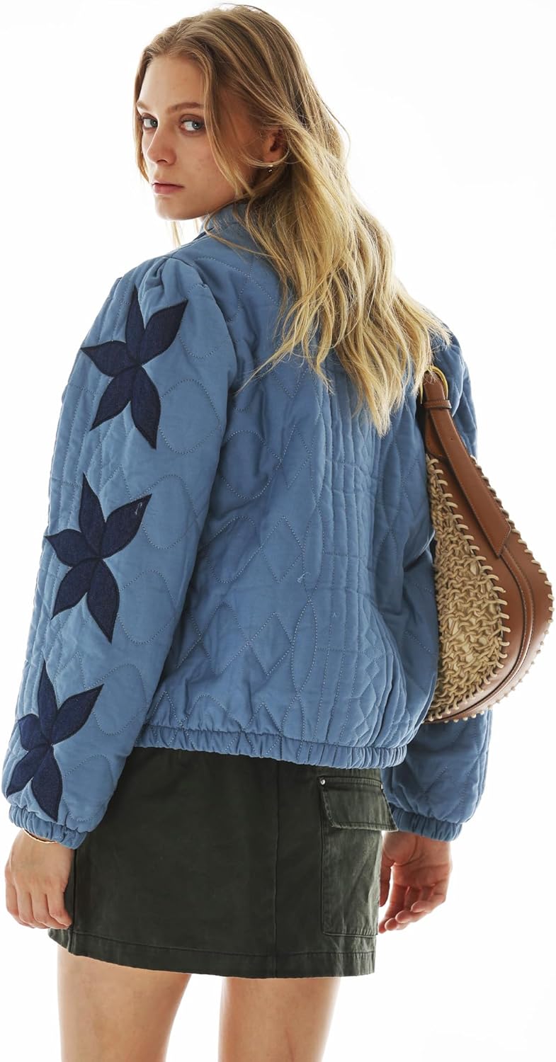 Locachy Women's Casual Cropped Puffer Jacket Lightweight Flower Embroidery Winter Warm Quilted Jacket Coat with Pockets - Image 2
