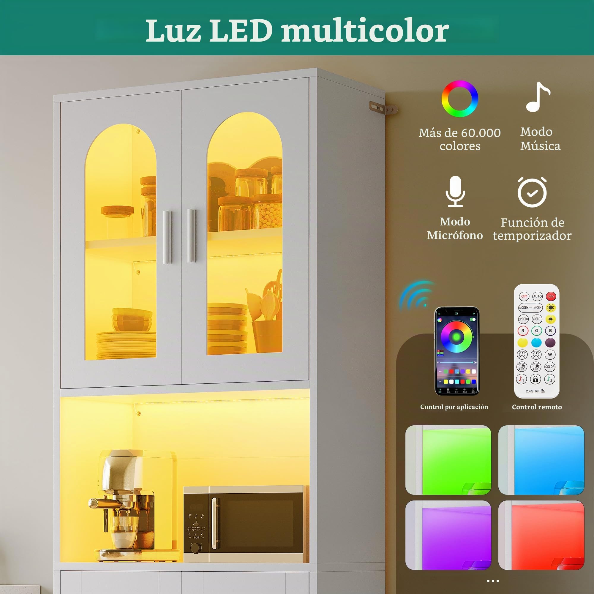 YITAHOME Estantería Alta estantería de Madera con Puertas de Armario, Moderna estantería con Zona de exposición, Mueble de almacenaje con iluminación para hogar, Oficina y salón, Blanco