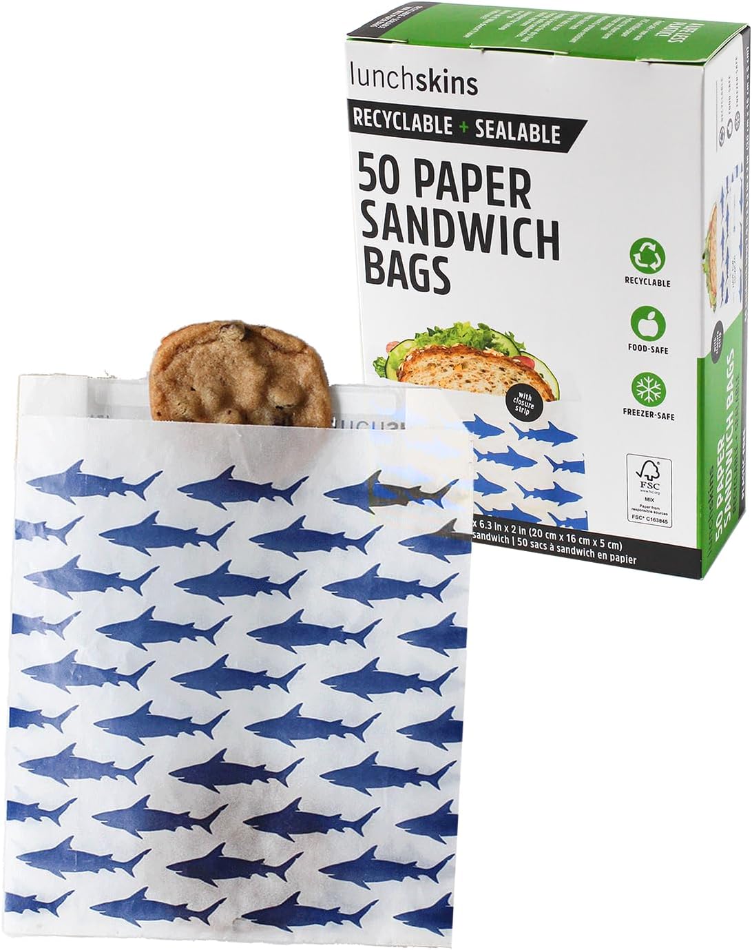 Lunchskins Recyclable & Sealable Paper Sandwich Bags – 50 Count | Shark Design | Eco-Friendly Grease-Resistant Glassine Snack Bags with Self-Adhesive Closure for Freshness