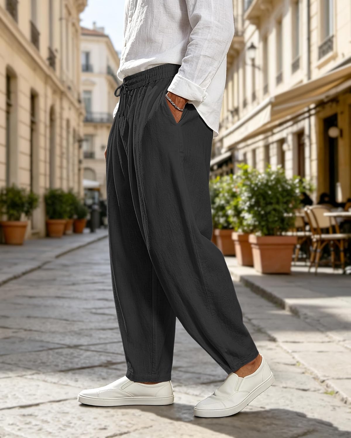Men's Cotton Linen Harem Pants Casual Loose Trousers Elastic Waist Drawstring for Summer Beach with Pockets