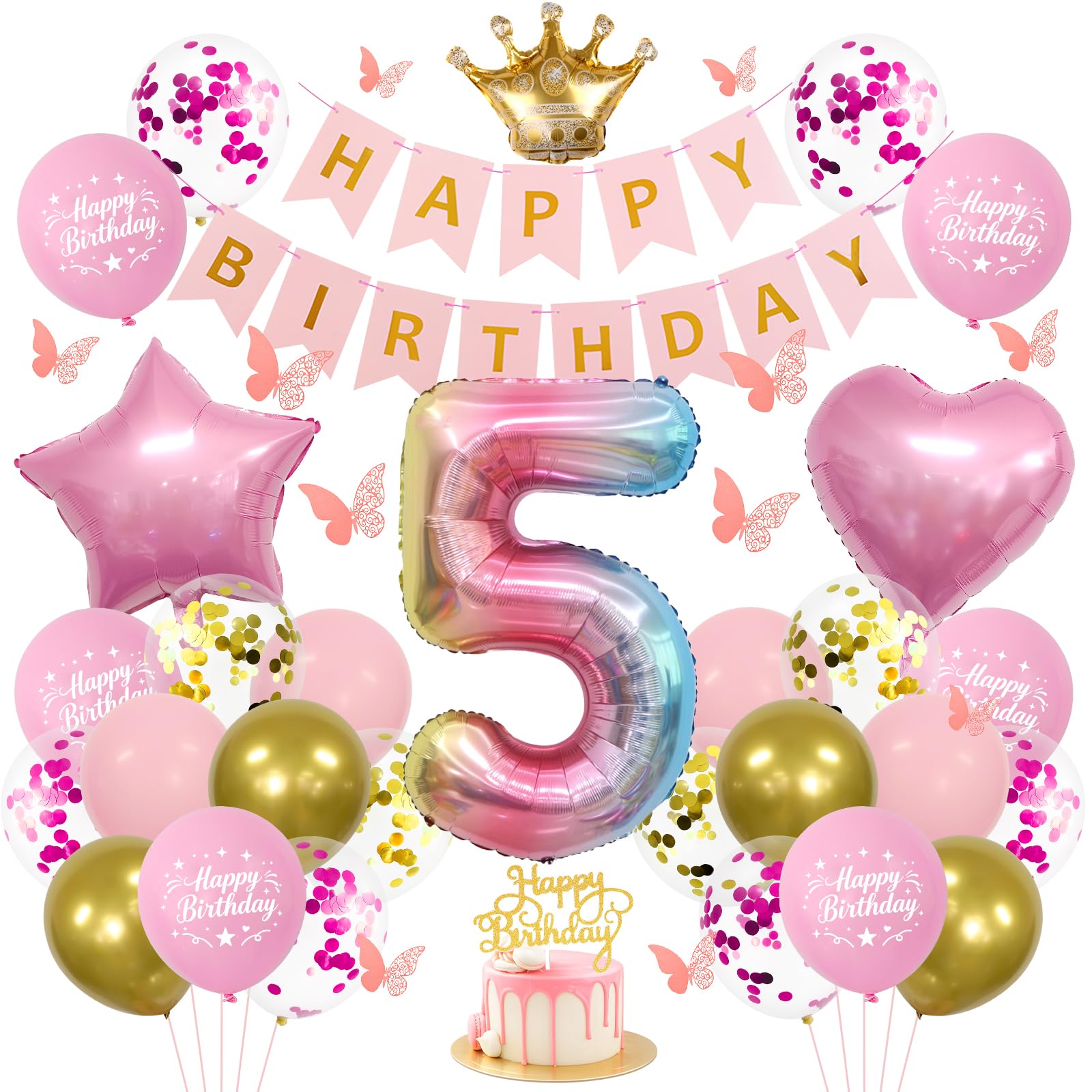 Pink Princess 5th Birthday Decorations for Girls, Balloons Set Number 5
