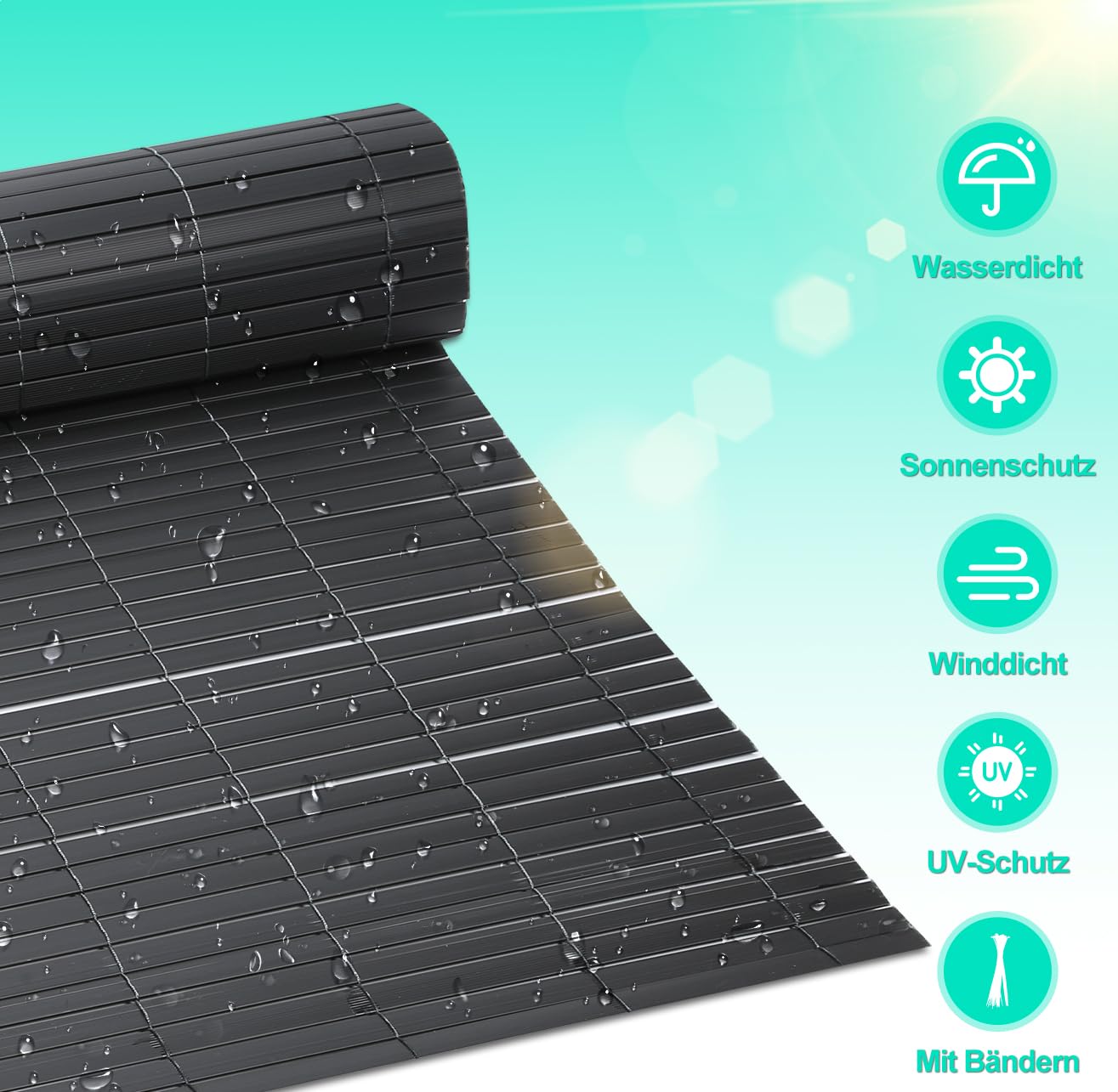PVC Sichtschutzmatte, 100x600cm Sichtschutz Balkon,Sichtschutz Zaun mit W-Rippenverstärkungen und Kabelbindern,Windschutz Sichtschutz UV-beständig Wetterfest,für Zaun Garten,Anthrazit