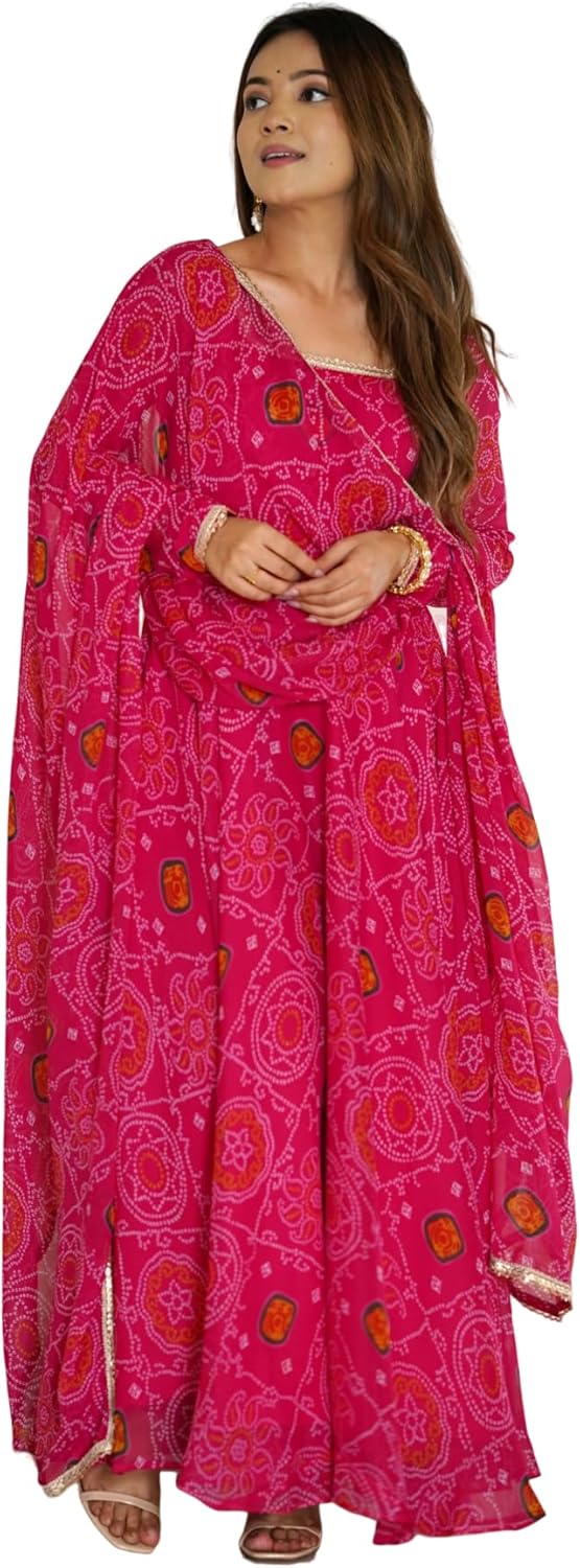 Shiv Collection Indian Style Pure Soft Chiffon Bandhej Fully Flair Gown Set for Women ready to wear
