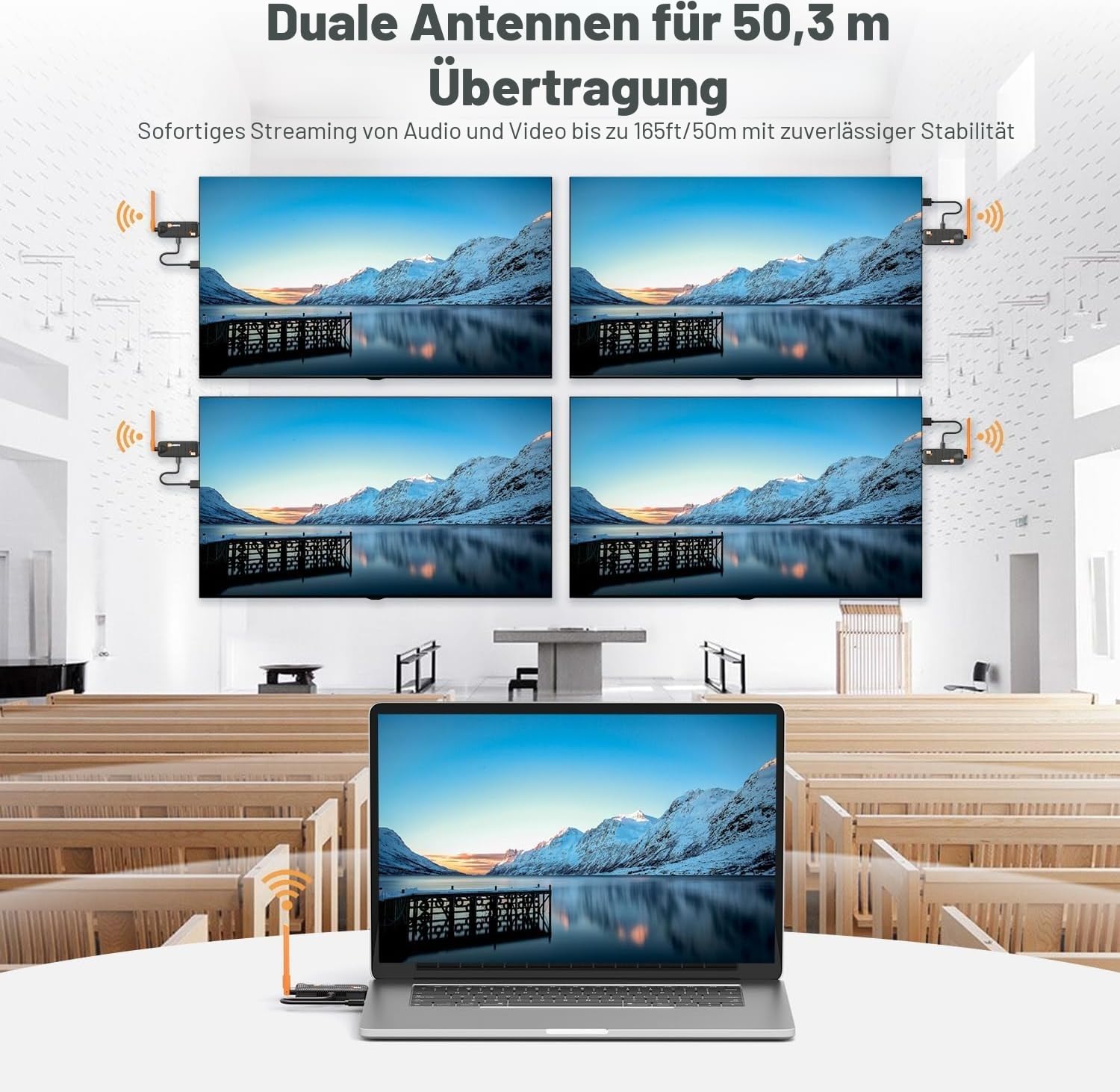 2026 Wireless HDMI Transmitter and 2 Receivers 4K Decoding, bis zu 6 RX, HDMI Funkübertragung 5GHz /1080P Funk Extender mit APP-Anzeige, Streaming Video für Laptop, TV Box, CC-TV zu TV, Projektor, 50M