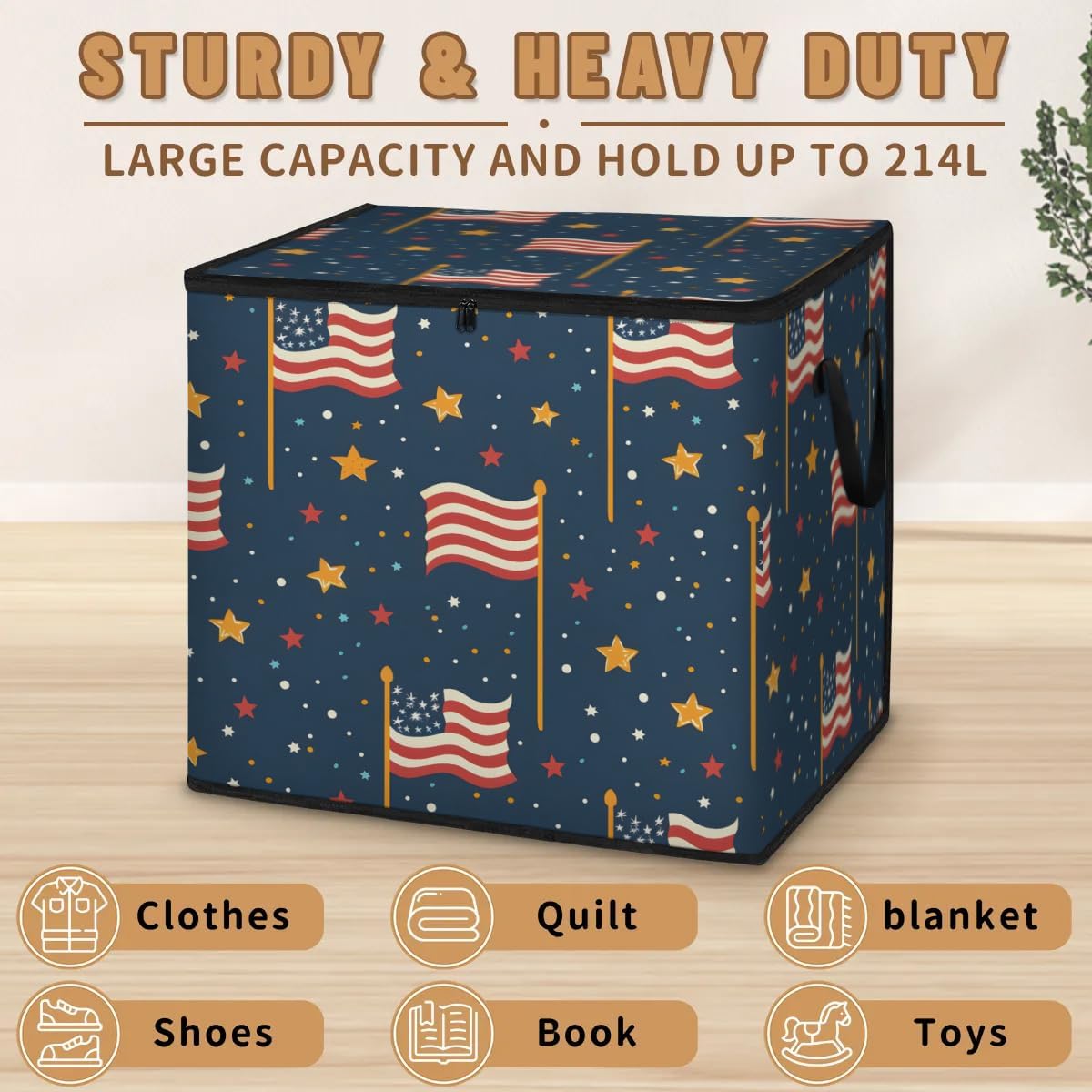 Honeybaby 214L Extra Large Comforter Storage Bag Patriotic Flag Stars Storage Totes with Lids Waterproof Closet Organizer Folding Blanket Storage Bags for Clothes Bedding Pillows