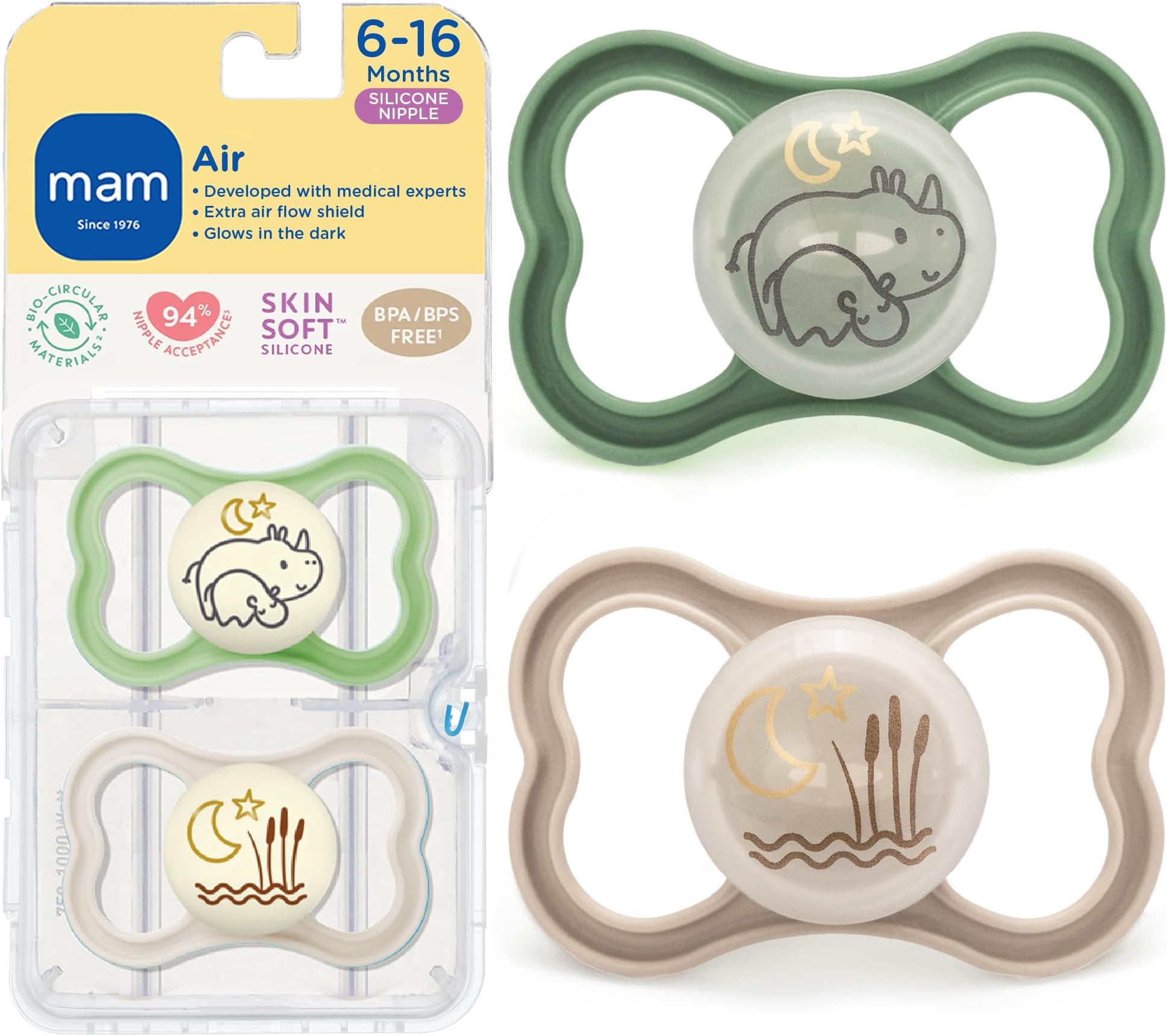 MAM Air Night Pacifiers, MAM Sensitive Skin Pacifier 6+ Months, Glow in the Dark Pacifier, Best Pacifier for Breastfed Babies, Unisex Baby Pacifiers, 2 Count (Pack of 1), Designs May Vary