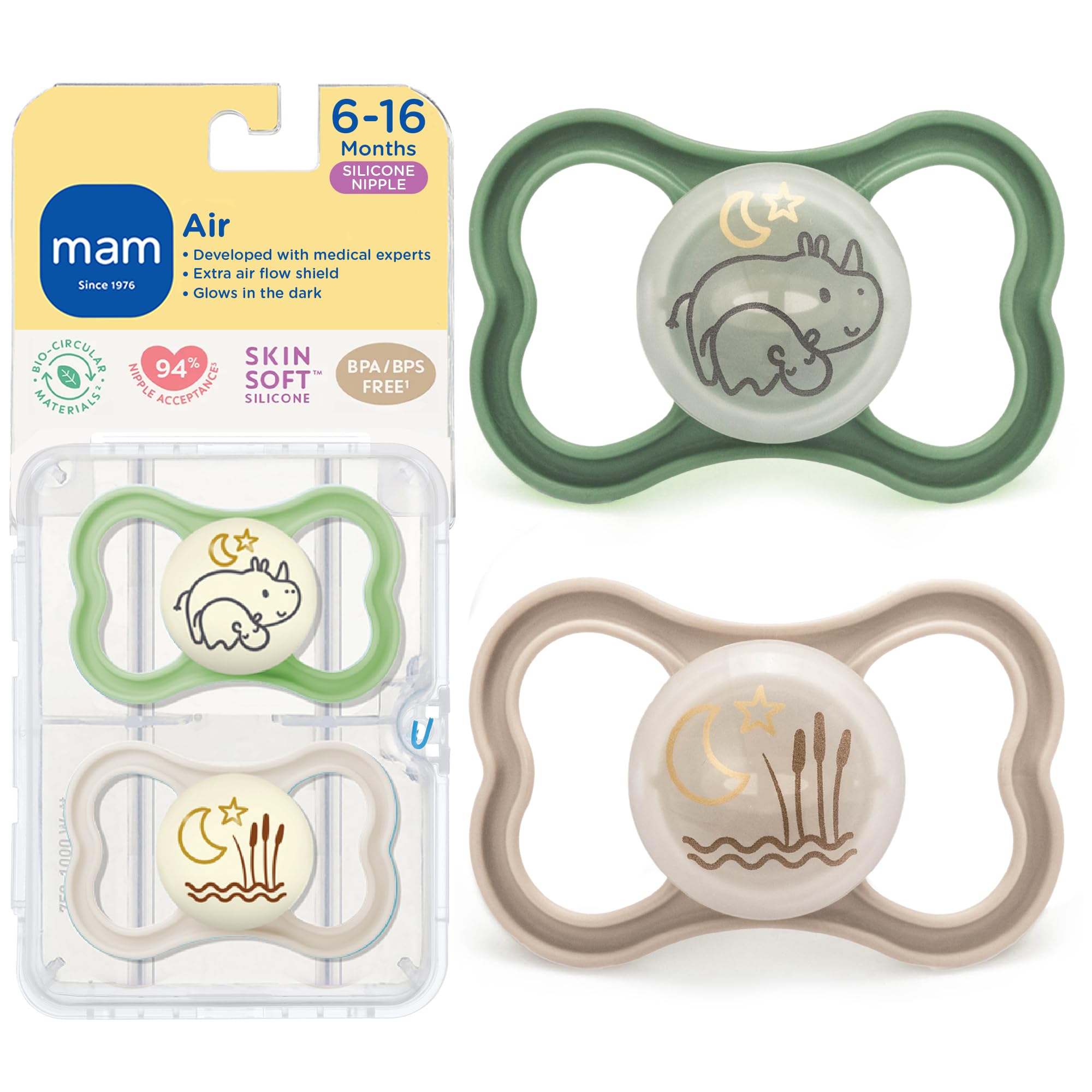 MAM Chupete de aire para bebés de 6 a 16 meses, flujo de aire extra para pieles sensibles, brilla en la oscuridad, desarrollado por expertos médicos, silicona suave sin BPA, paquete de 2, con funda