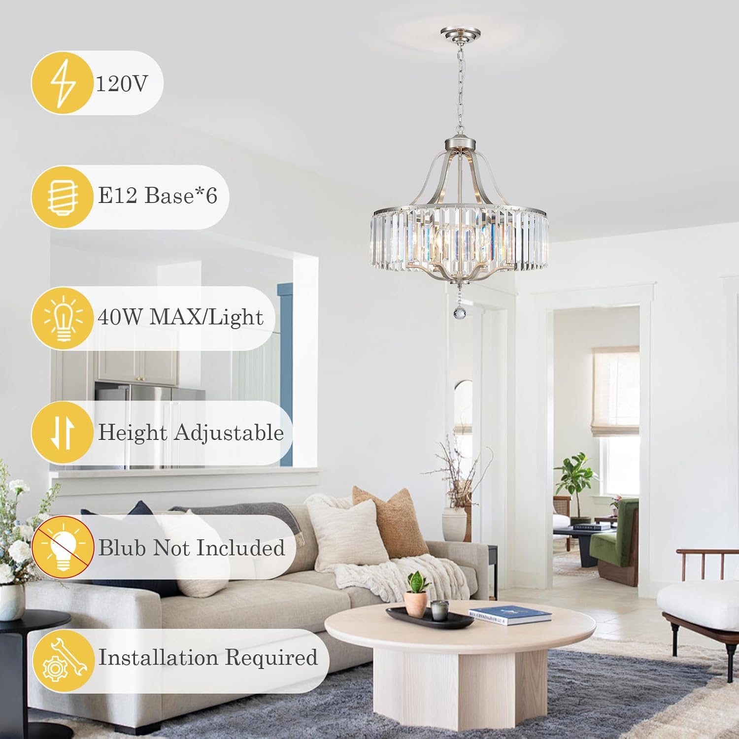 Brushed Nickel Chandeliers for Dining Room 21.7 Inch Crystal Light Fixture 6-Light Modern Farmhouse Round Large Chandeliers for Kitchen Hallway Bedroom Foyer Adjustable Height Hanging Lamp