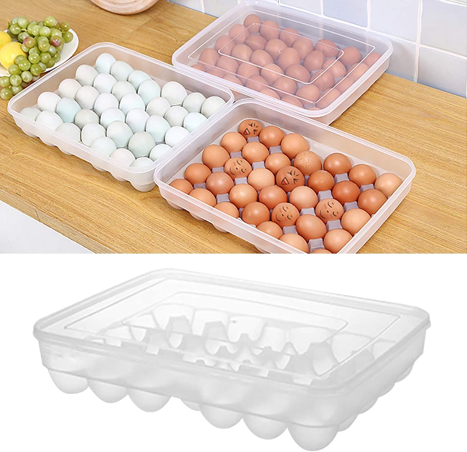 34 Grids Eggs Storage Box, Large Capacity Refrigerator Egg Tray with Lid, Clear Egg Storage Container Holder Rack, Stackable Egg Dispenser, Food Fresh Organizer for Fridge Kitchen Restaurant (White)