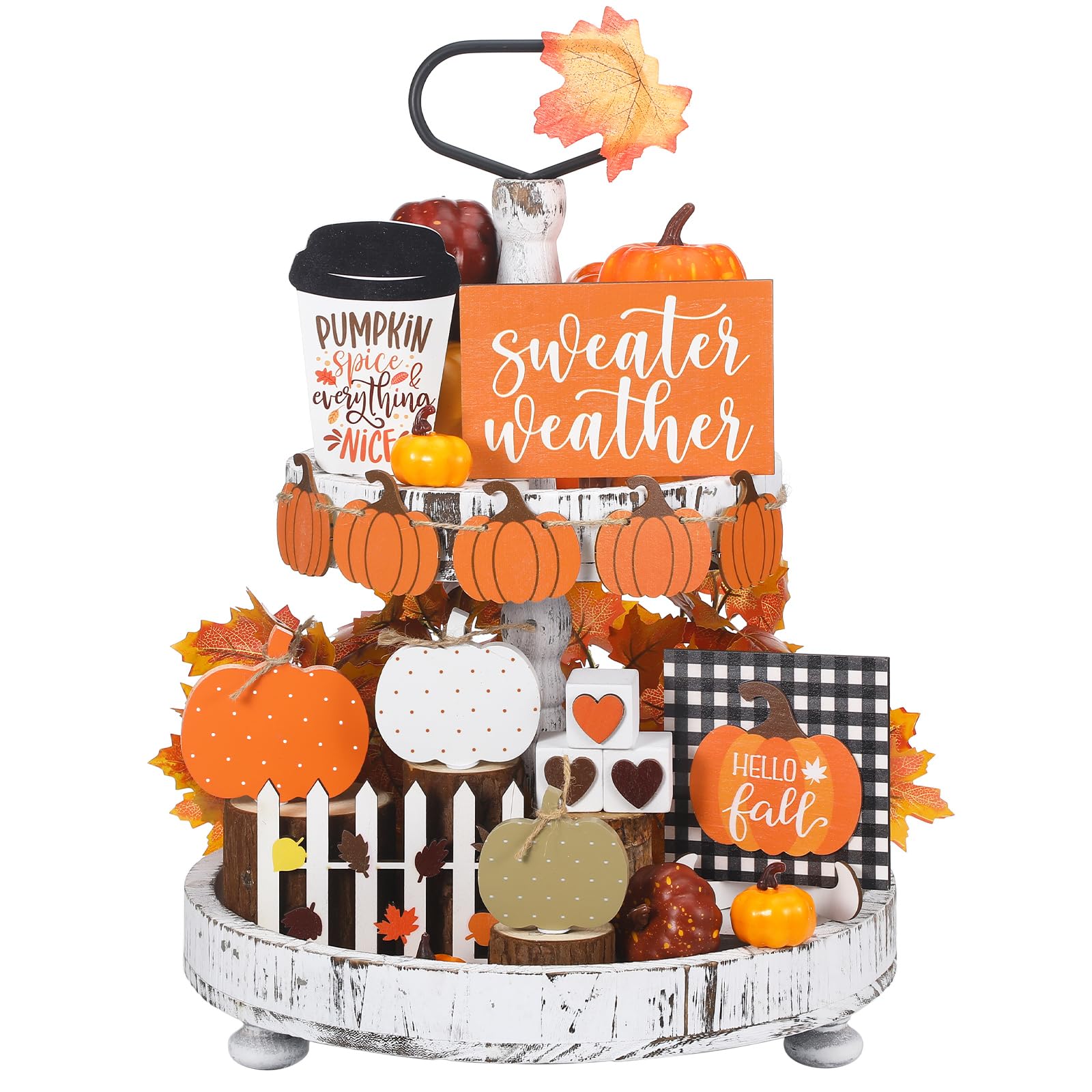 Sumind15 Pcs Fall Tiered Tray Decor Set Hello Fall Decor Autumn Wood Signs Thanksgiving Orange Brown Table Signs Farmhouse Wooden Maple Pumpkin Gnomes Tabletop for Festival Home Decor(Pumpkin)
