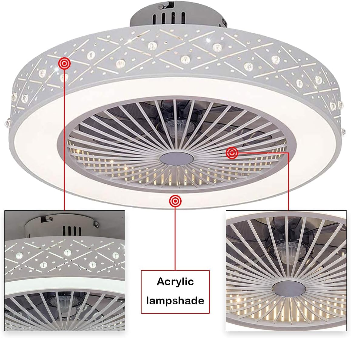Top Rated QZFH Invisible Ceiling Fan with Lights, 22 inches LED Dimmable Remote Control 3 Color Lighting Modes, Acrylic Blades Metal Shell, 110V Semi Flush Mount Low Profile Fans for Bedroom Living Room Kitchen