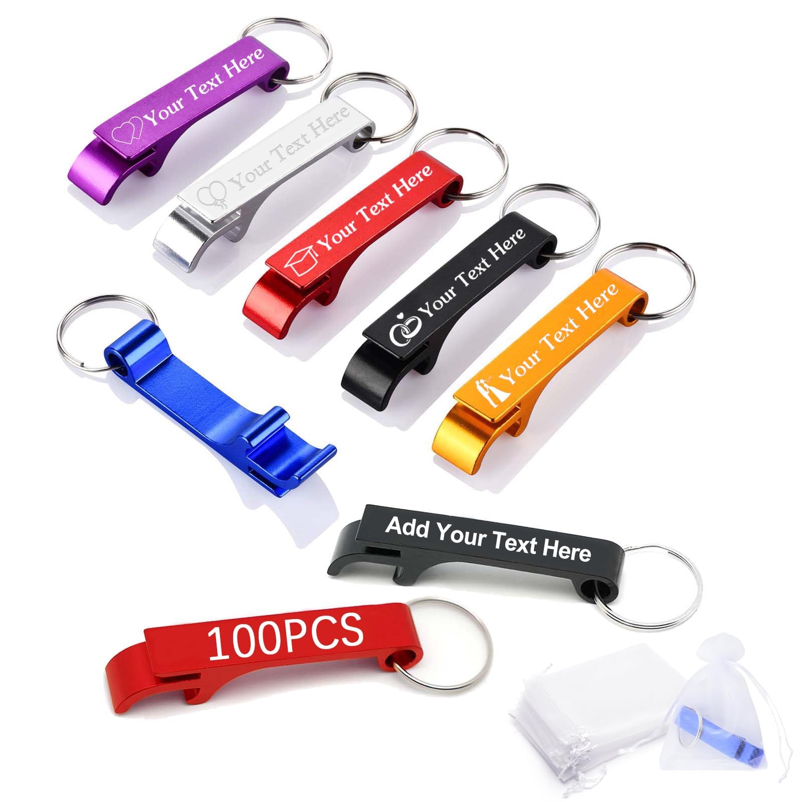 BEXOA 100pcs Personalised Bottle Opener - Customised Engraved Text/Logo Beer Bottle Opener Keychain Bulk Wedding Favours for Guests Party Gifts (100)