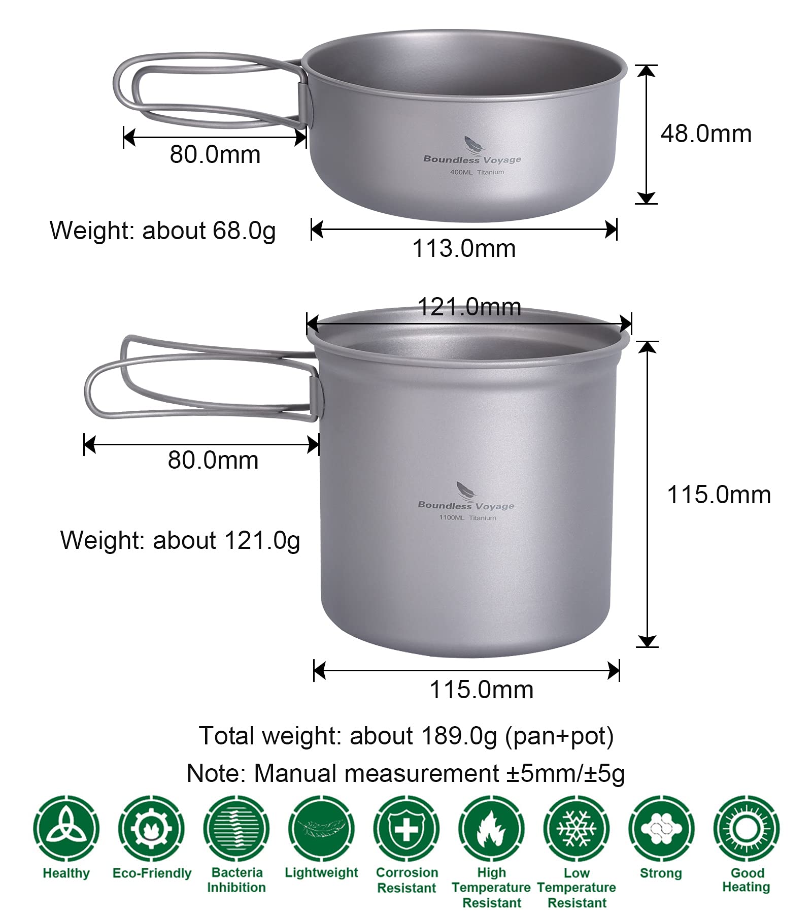 Boundless Voyage Ensemble de cuisine en titane avec poignée pliable pour camping, pique-nique, randonnée, etc