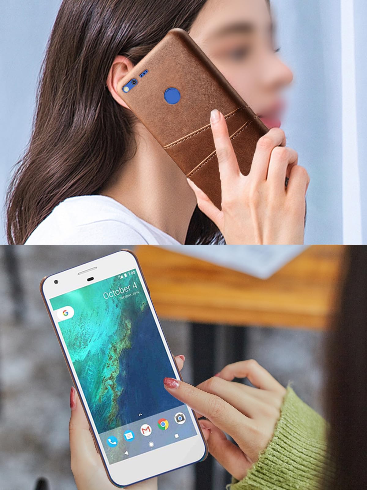 for Google Pixel 2 XL Case,UYRUREL with Card Holder Color Blocked Cowhide Phone case,Comprehensive Protection & Convenient Travel,Brown.