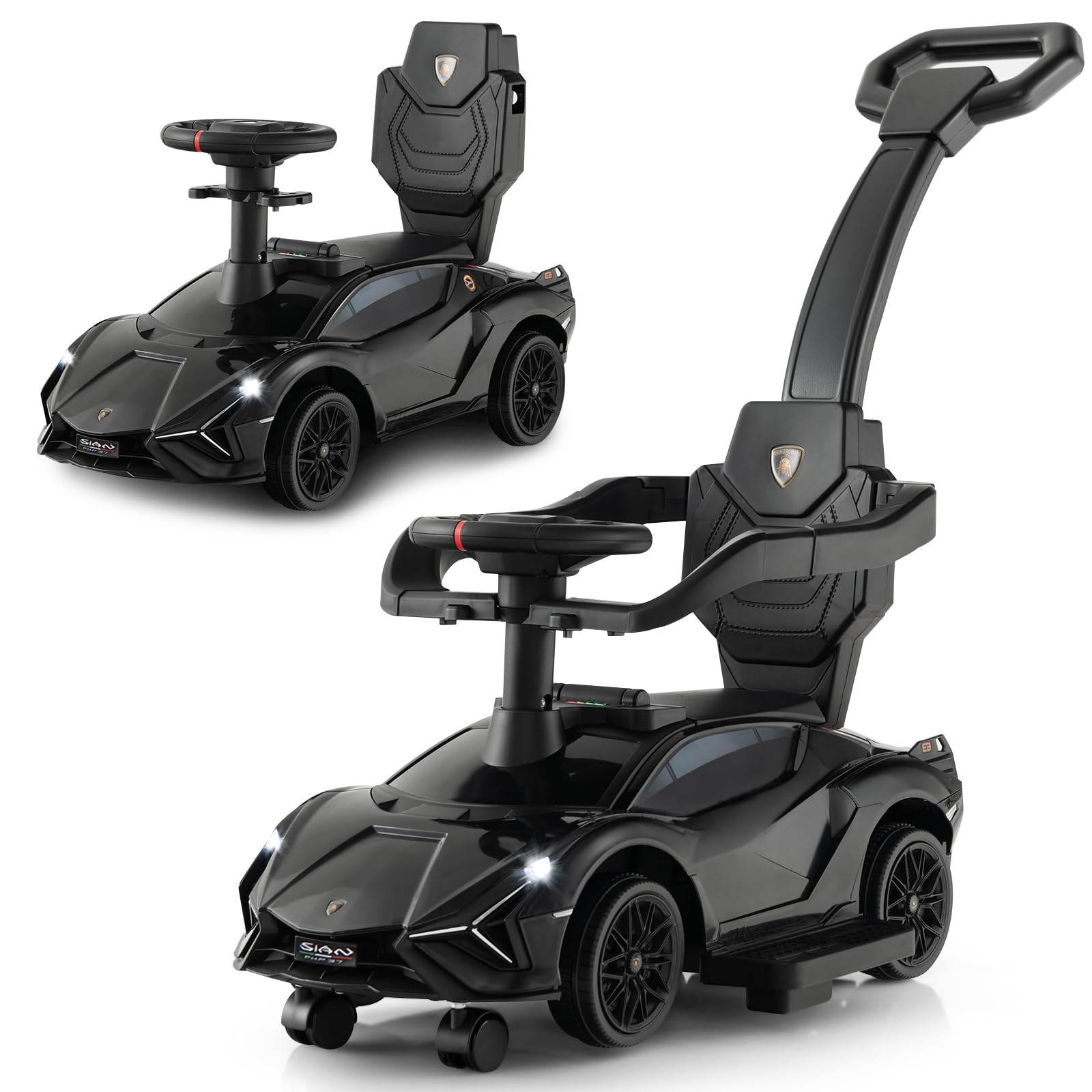 INFANS 3 in 1 Licensed Lamborghini Ride on Push Car with Parent Control Handle, Sliding Walking Car with Music, USB, Headlight, Under Seat Storage, Foot-to-Floor Toy for 18-60 Months (Dark)
