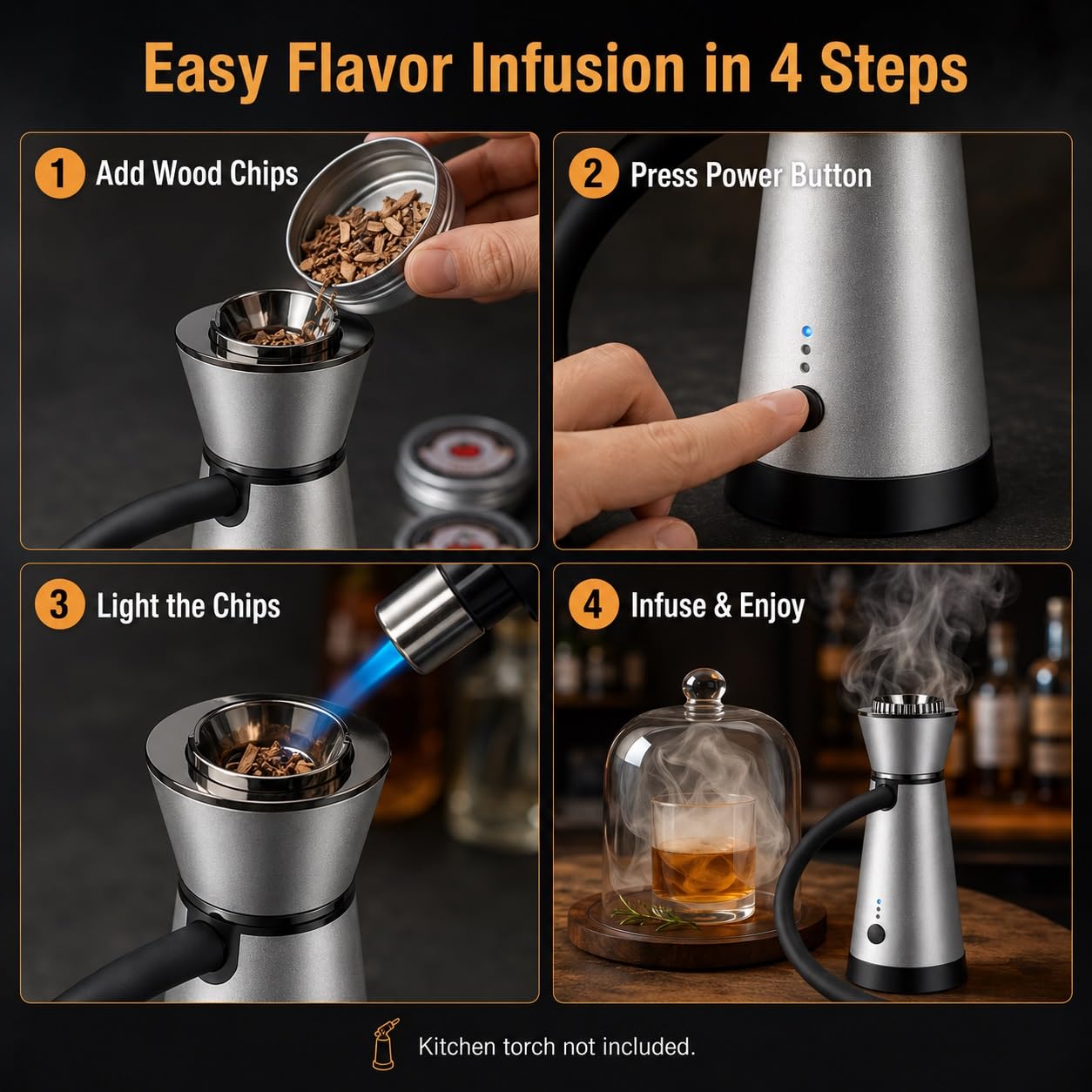 Ahumador de Cócteles y Whisky Kit Pistola de Ahumado en Frío Recargable USB-C Infusor de Humo Portátil para Bebidas Carne Queso y Comida Barbacoa Interior Bar Casa