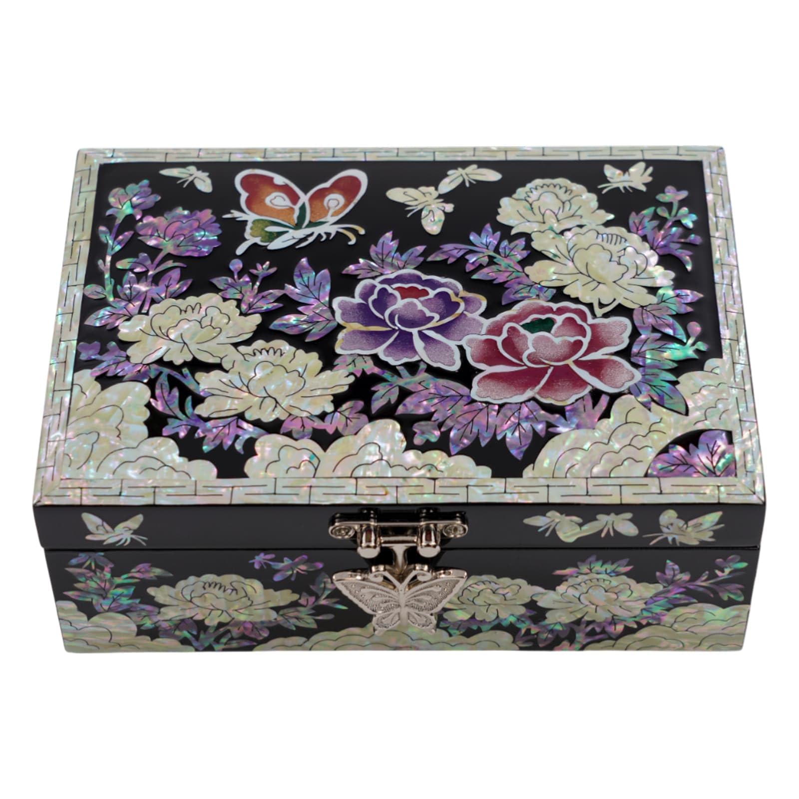 February Mountain Scatola dei ricordi coreana in madreperla con specchio, intarsio floreale e farfalla, scatola dei ricordi fatta a mano, laccata nera, regalo per donne, compleanno, anniversario