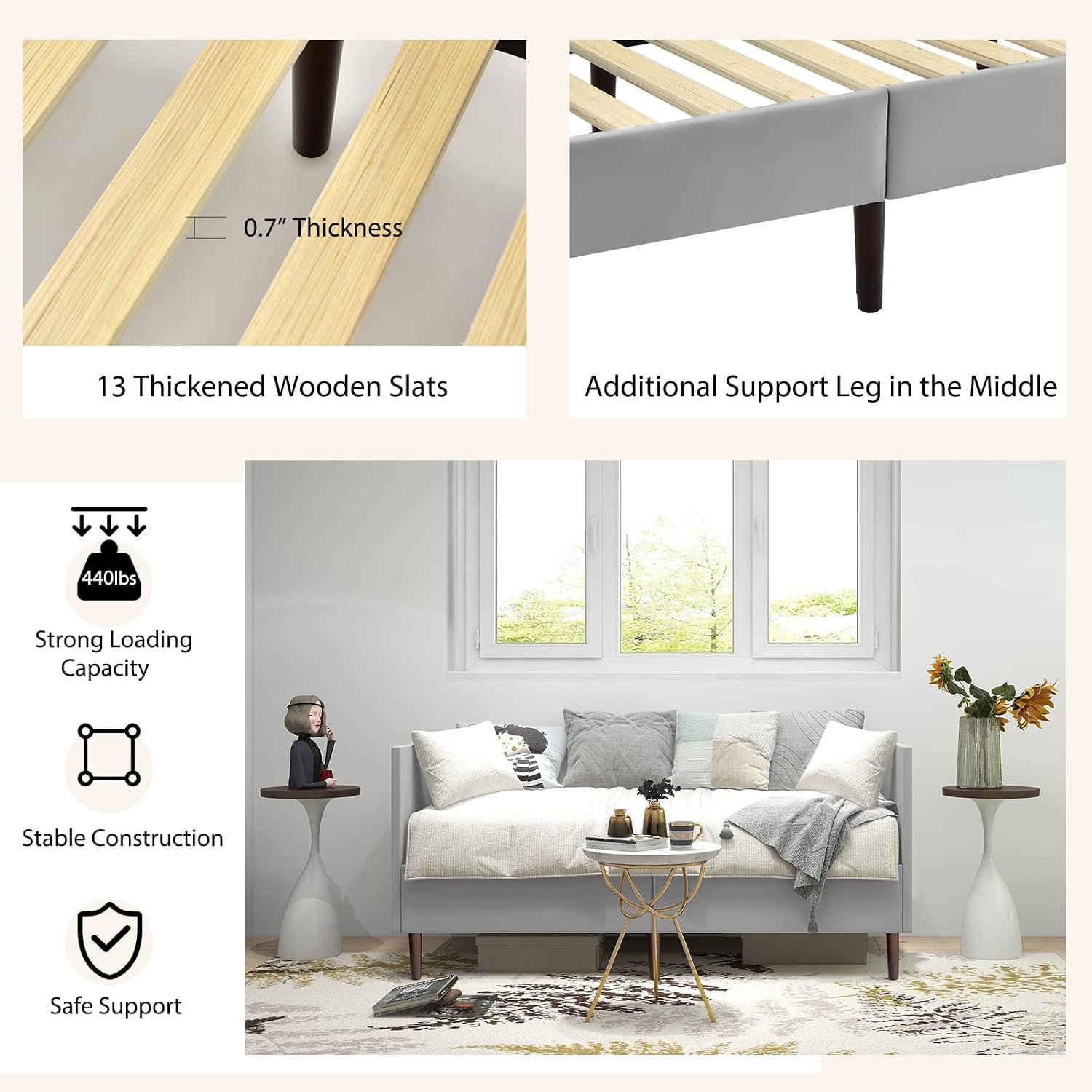 GOFLAME Twin Size Daybed Frame, Upholstered Sofa Bed with Sturdy Wooden Slat Support, Guest Bed Frame for Living Room and Bedroom, Grey