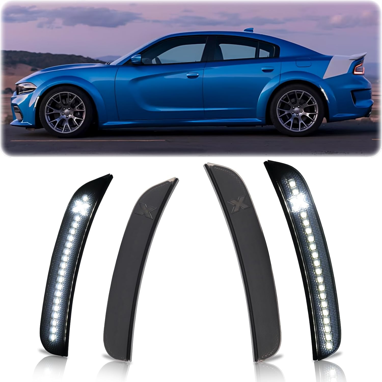 POPMOTORZ 2PCS Front Fender Ice Blue LED Side Marker Lights Assembly Compatible With 2015 2016 2017 2018 2019 2020 2021 2022 2023 Dodge Charger LED Front Bumper Side Marker Lights Lamps Smoked Lens