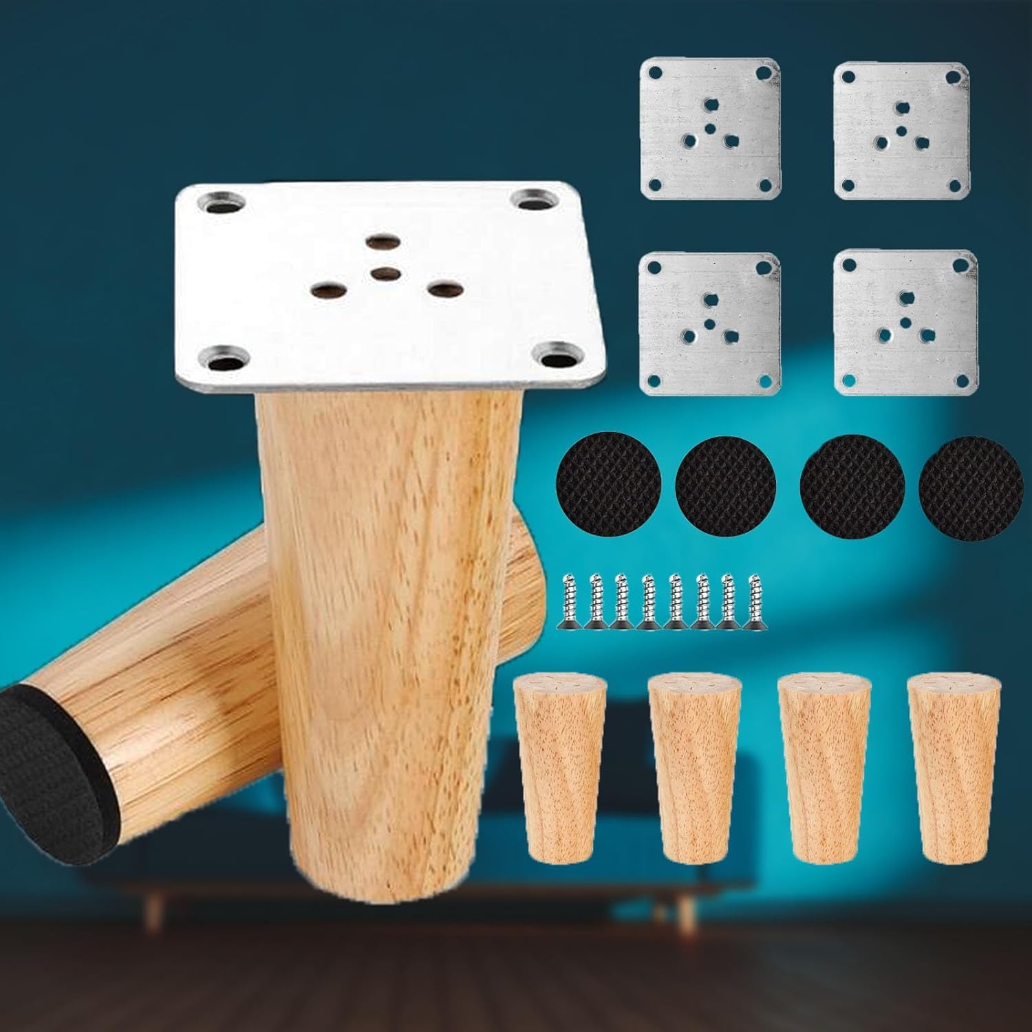 4 Pack Furniture Legs, Wooden Sofa Legs, 6cm Wood Furniture Feet, Straight Solid Tapered Wood Replacement Leg with Non-Silp Pads,Screw& Mounting Plate For Table Chair Cabinet Bed Dresser Replace Legs — image 1
