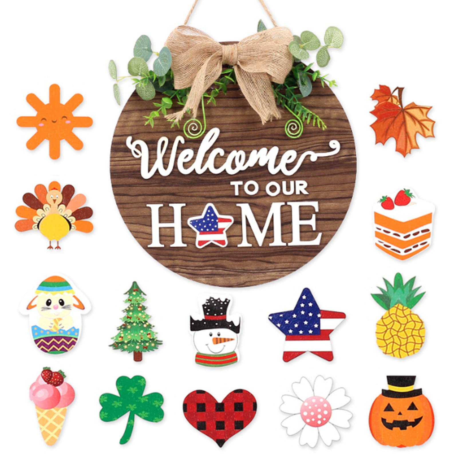 Binwat Interchangeable Welcome Home Sign Welcome Front Door Decor Round Wood Sign Hanging with 14 Changeable Seasonal Icons for All The Seasons