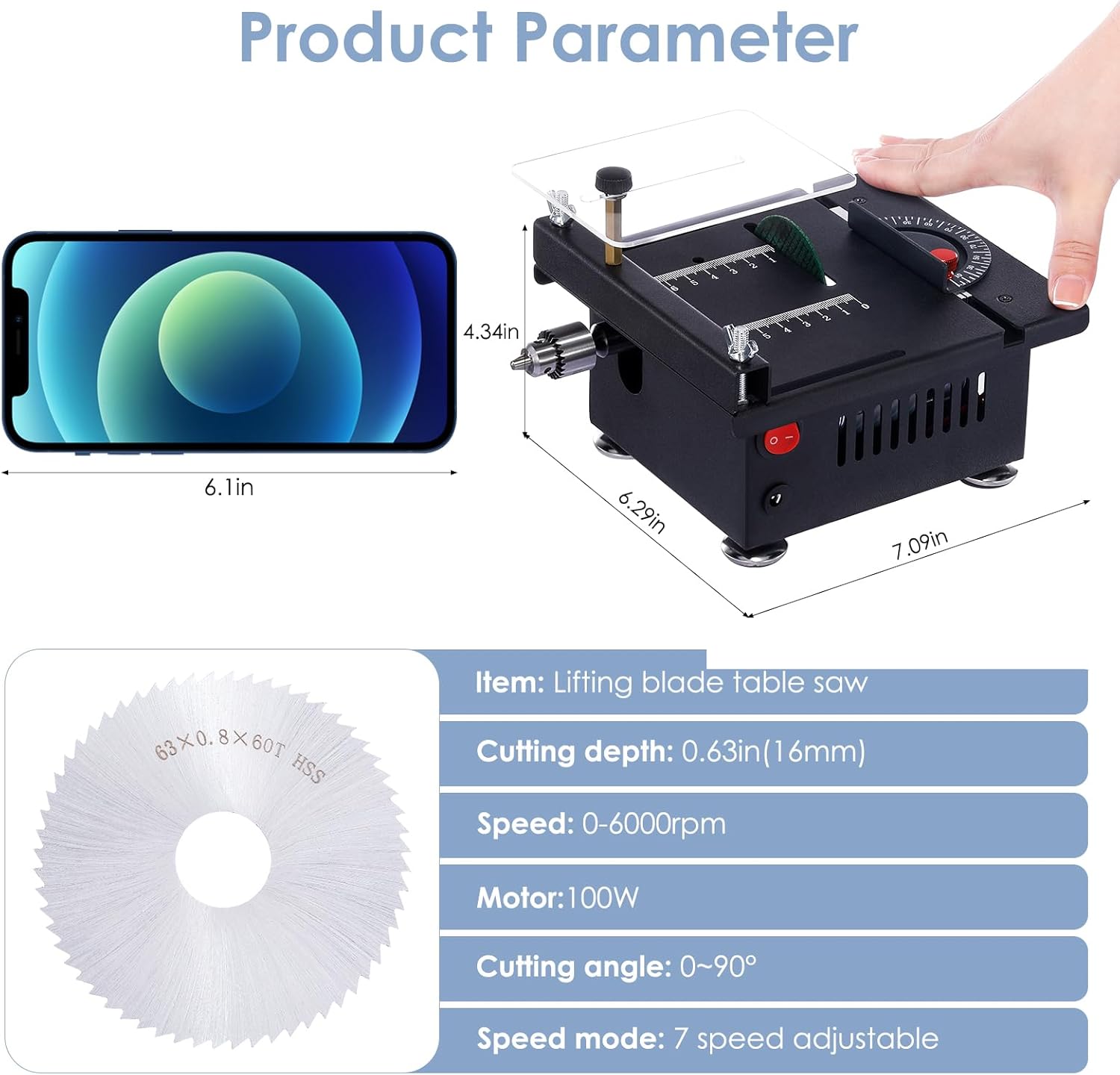 100W Multi-Functional Table Saw Mini Desktop Electric Saw Cutter Speed & Angle Adjustable 16MM Cutting Depth with Blade Flexible Shaft and More Accessories for Wood Plastic Acrylic Cutting