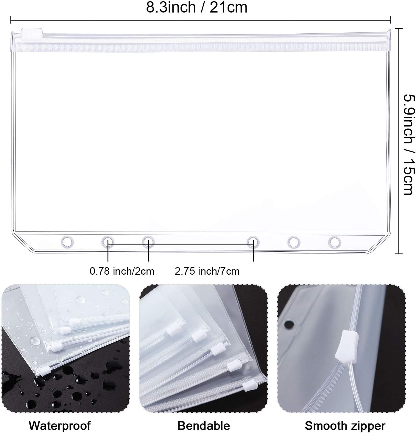 A5 Size 6 Holes Binder Pockets Translucent Plastic Binder Zipper Folders Waterproof Zipper Loose Leaf Bags for Files Documents Notebooks Cards (20 Pieces)