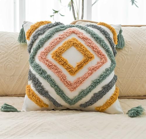 Funda de almohada decorativa con patrón geométrico de estilo BOHO de diamantes copetudos, solo para funda de sofá