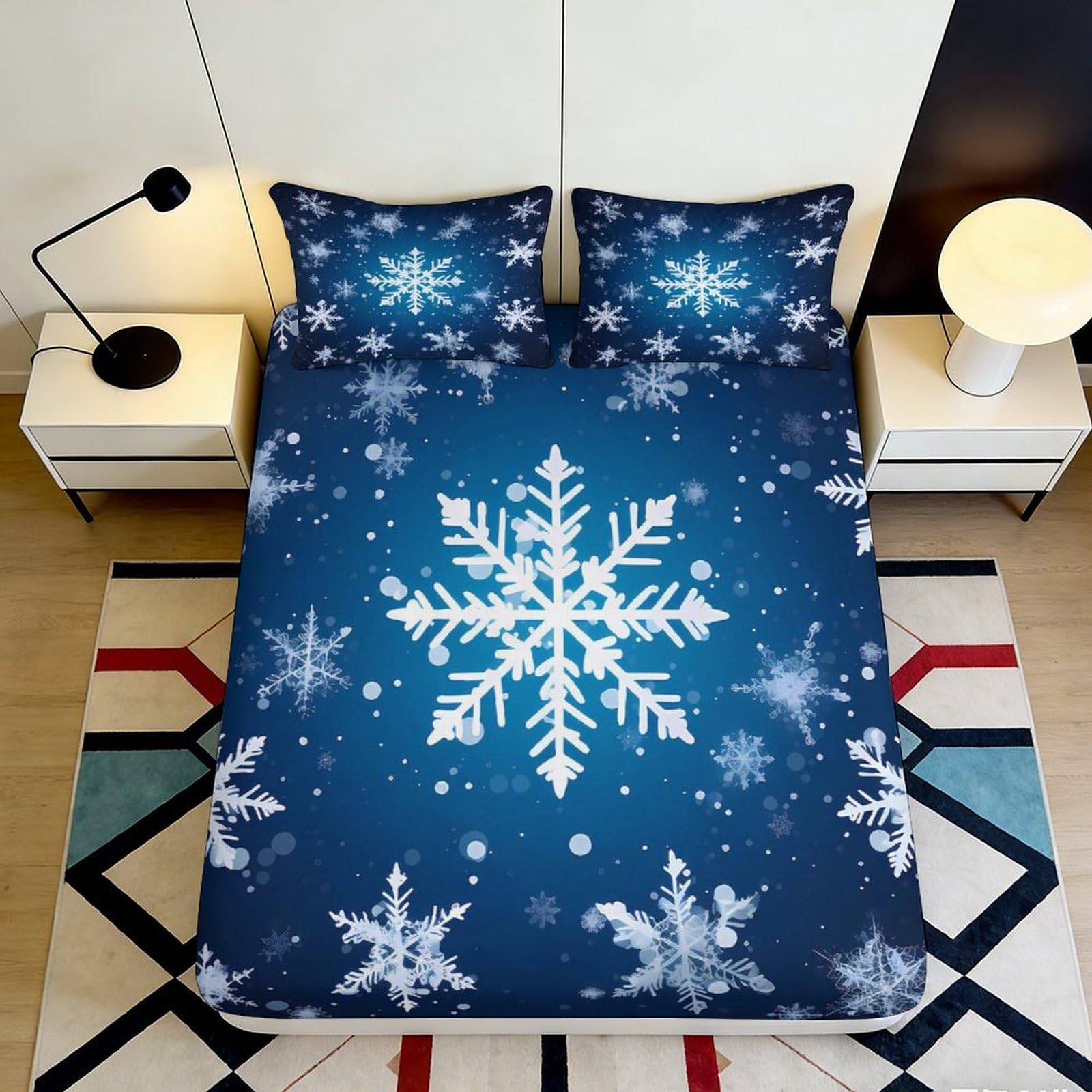Jqzkxnhpbr Style-7 3D Printed Snowflake Blue Fitted Sheet Microfiber Winter Bedroom Decor Christmas Bed Cover For All Ages 90X200x25cm