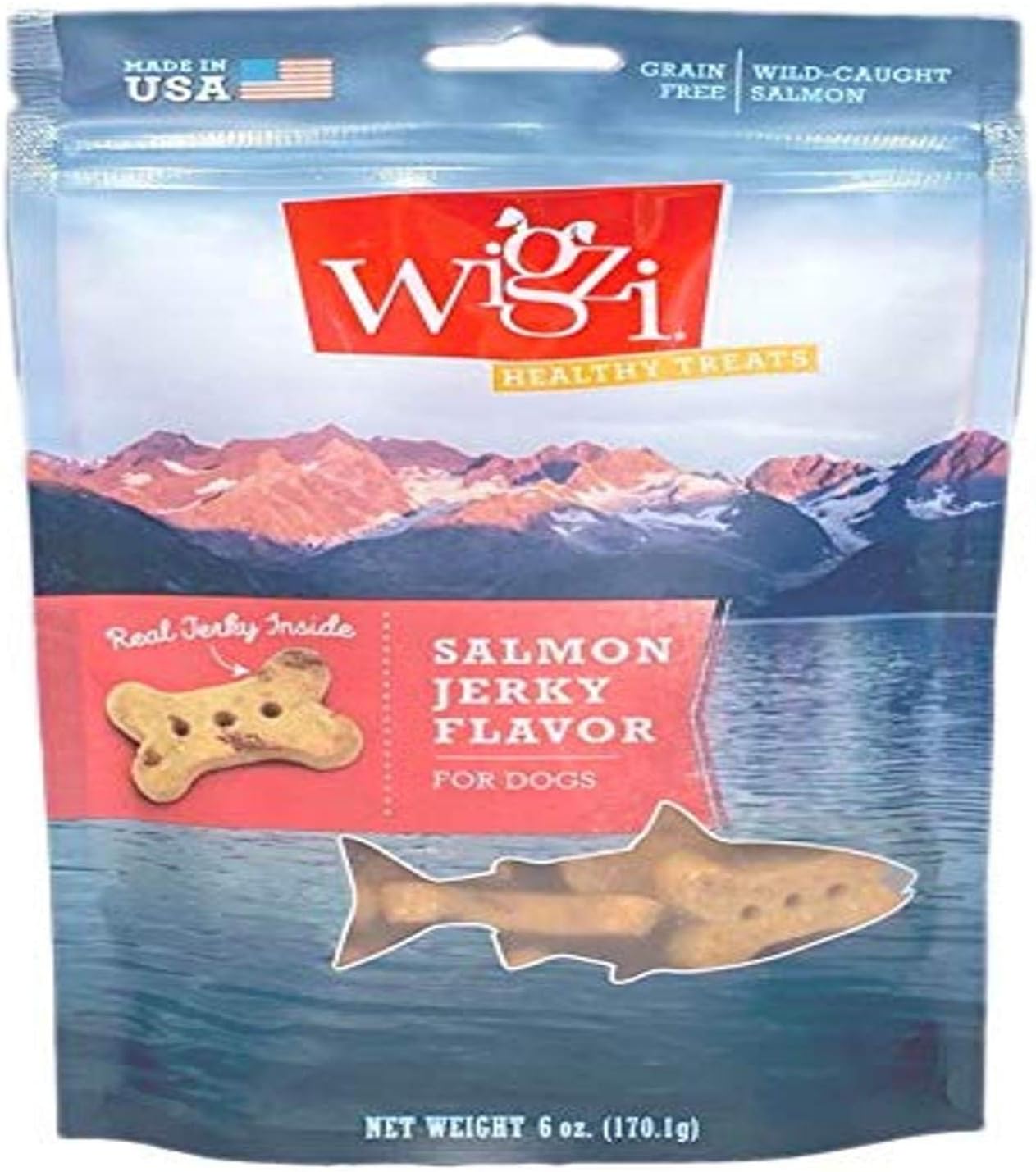 WIGZI Healthy Treats, Salmon Jerky Flavor - USA Made - Real Jerky Meat Infused Into Biscuits - Grain Free - 6oz Resealable Bag, Brown…