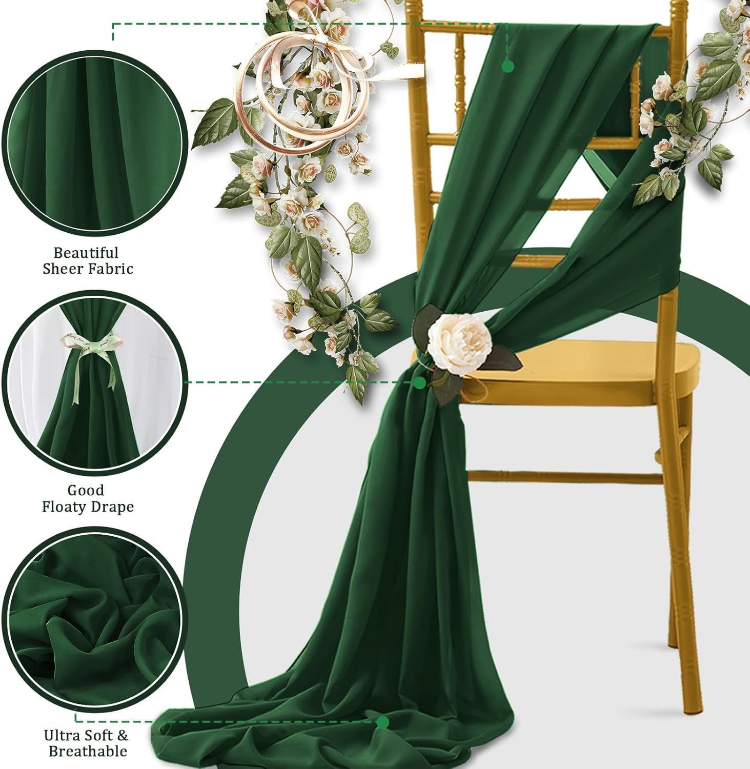 Horbaunal 12 Pack Dark Green Chiffon Table Runners 10FT Sheer Chiffon Runner 29x120 Inches Romantic Boho Rustic Table Runner for Wedding Party Bridal Baby Shower Table Decorations