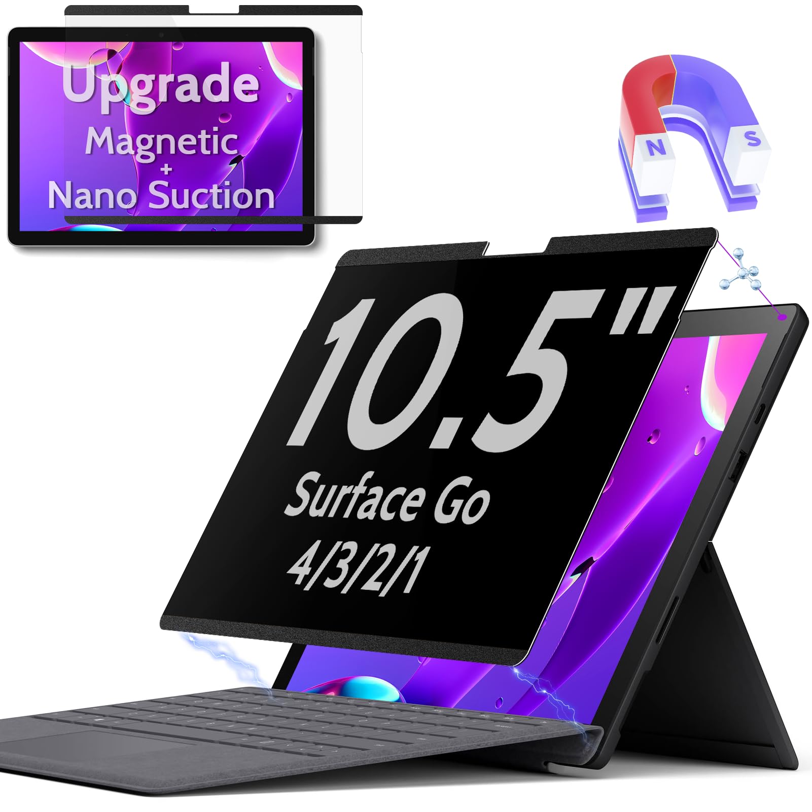 Peslv Magnetic Privacy Screen for Surface Go 4/3/2/1 10.5 Inch, Removable Anti Blue Light Glare Filter, Black Security Private Apy Block Protector